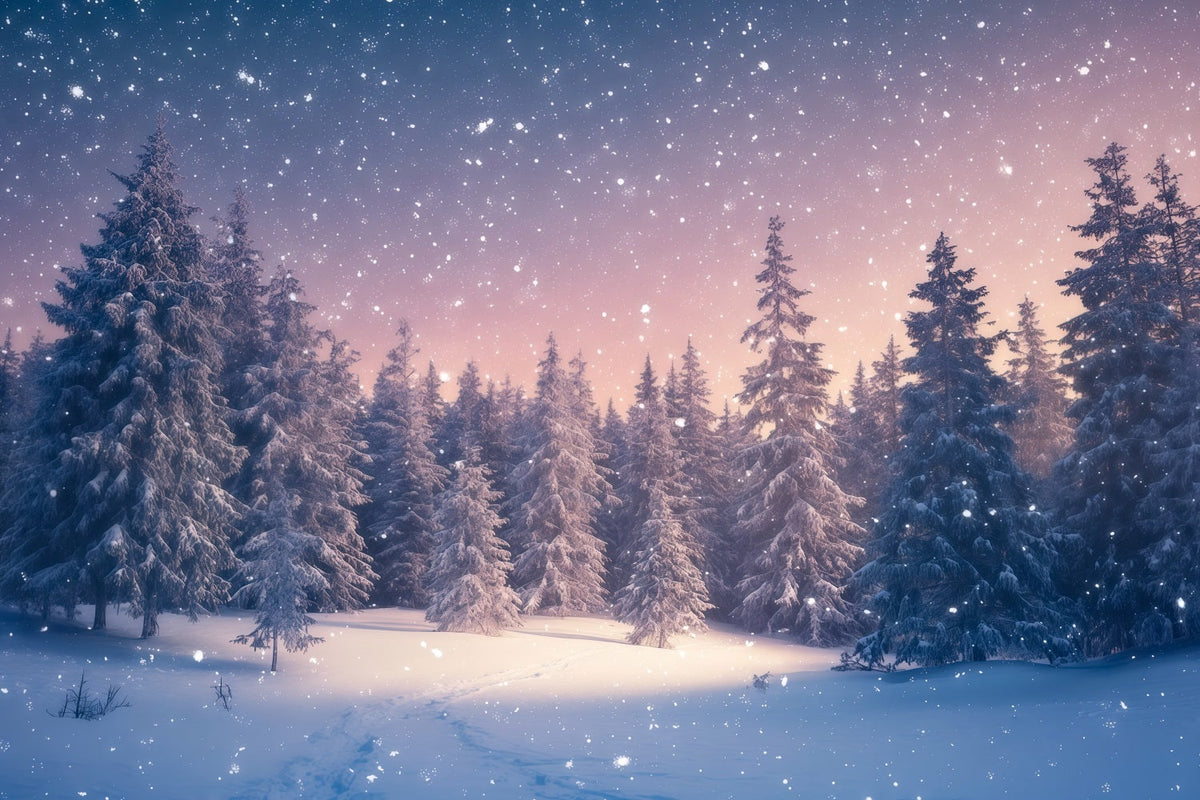 Christmas Tree Backdrops Snowy Twilight Evergreen Forest Xmas Backdrop UK RR610-92