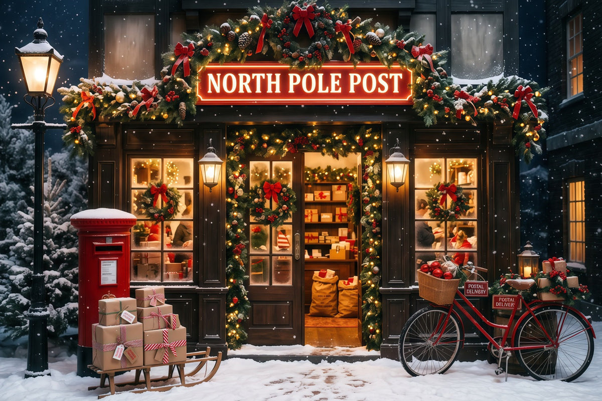 North Pole Photo Backdrop Snowy Post Office Christmas Photography Backdrops UK RR610-93