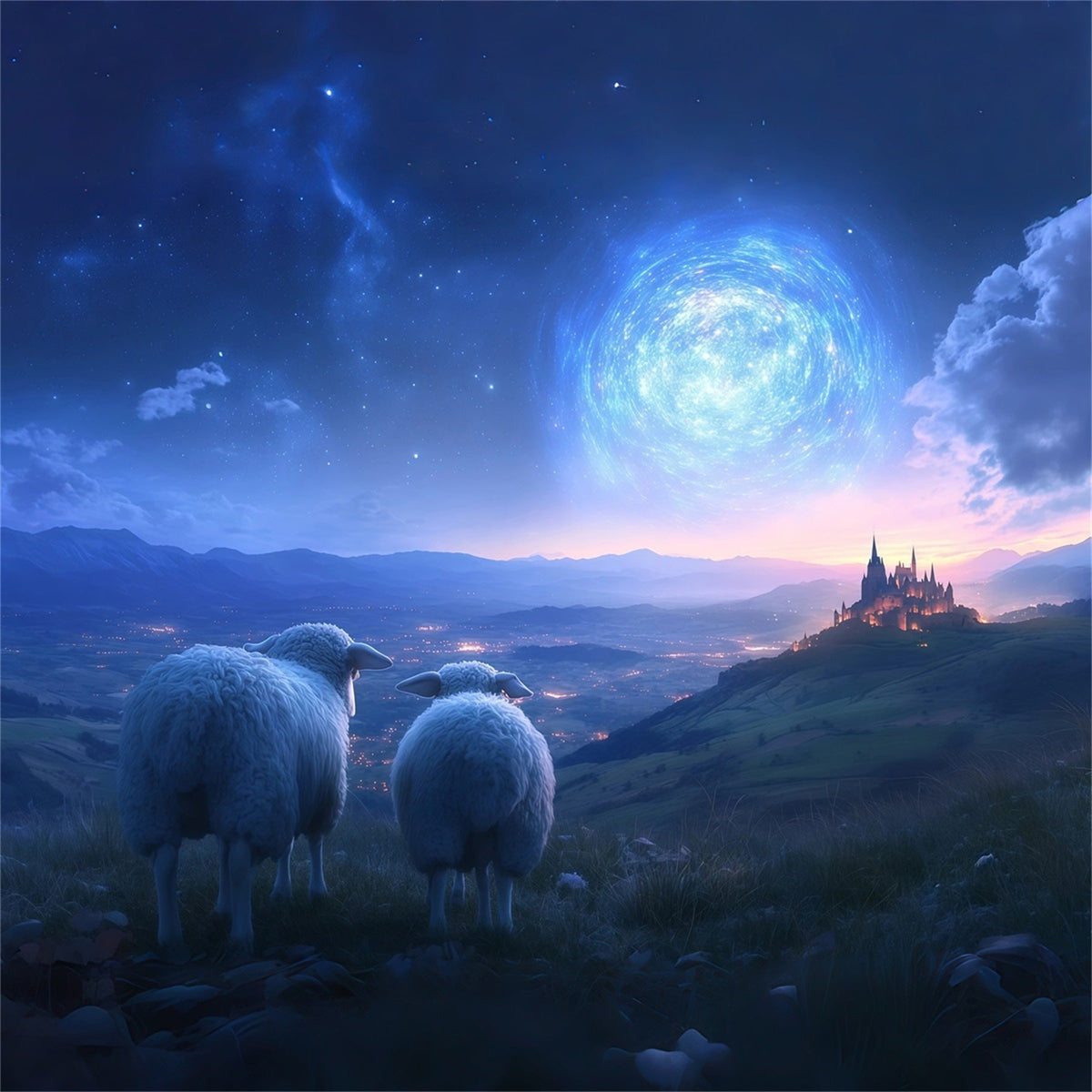 Nativity Scene Backdrop Sheep Watching Twilight Castle Christmas Backdrop Photography UK RR610-95