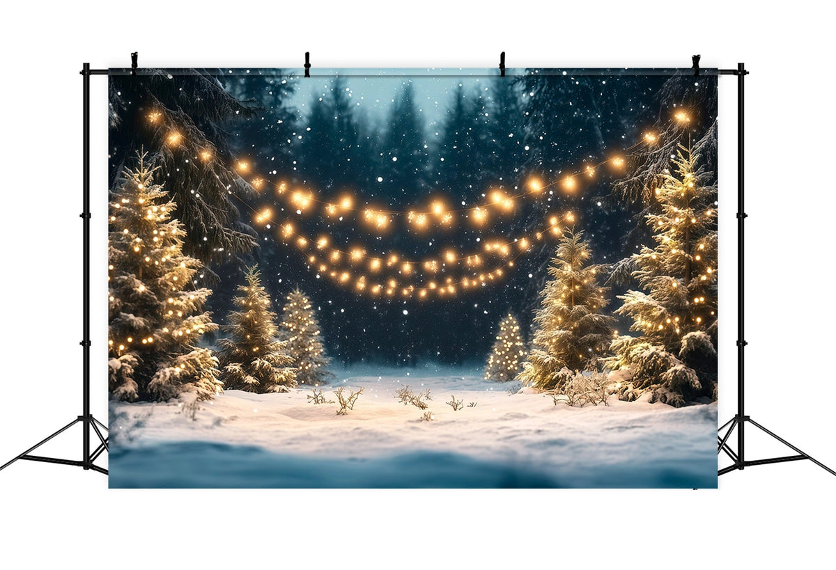 Christmas Tree Farm Backdrop Snowy Forest Golden Lights Christmas Tree