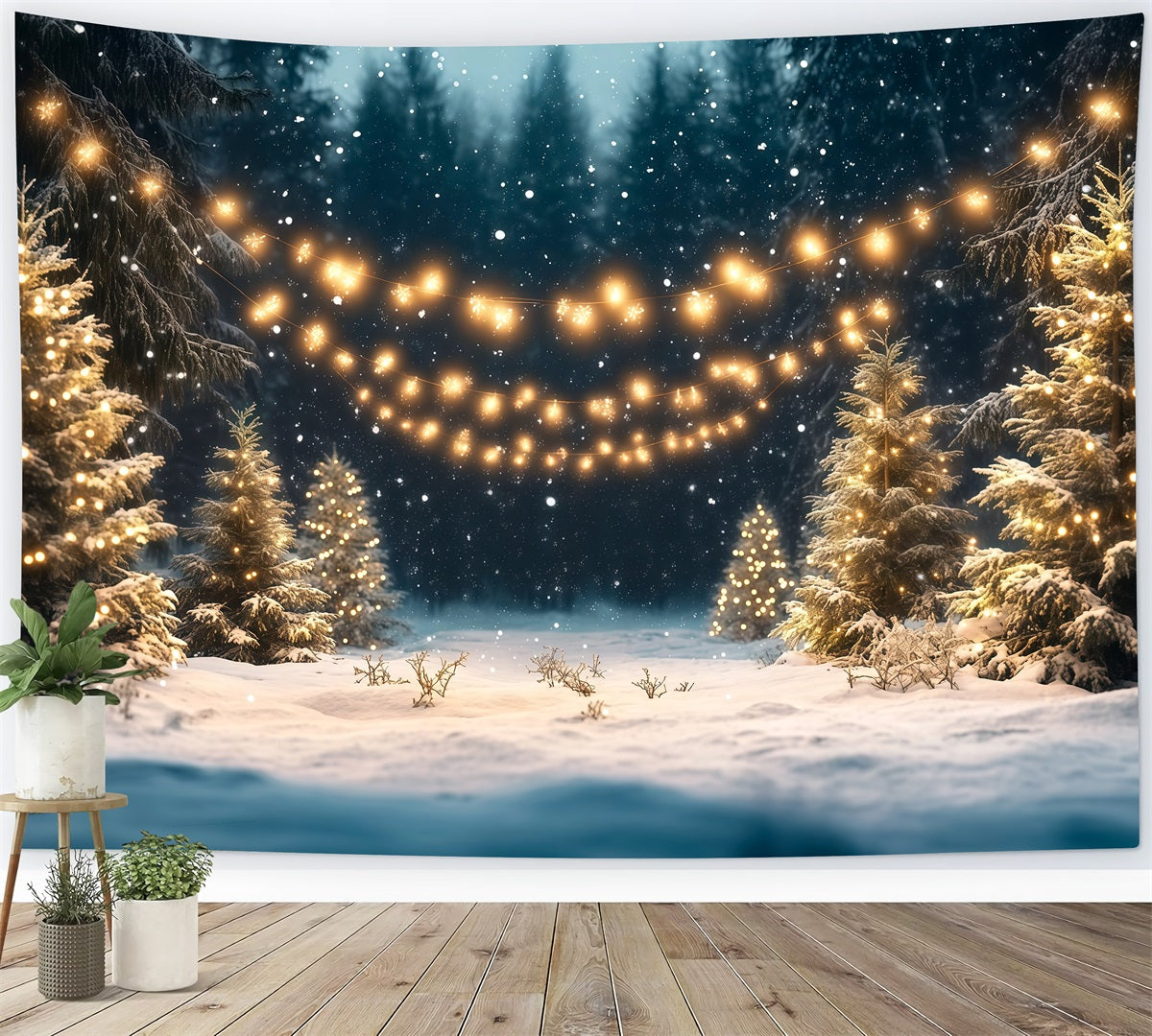 Christmas Tree Farm Backdrop Snowy Forest Golden Lights Christmas Tree Backdrops UK RR610-96