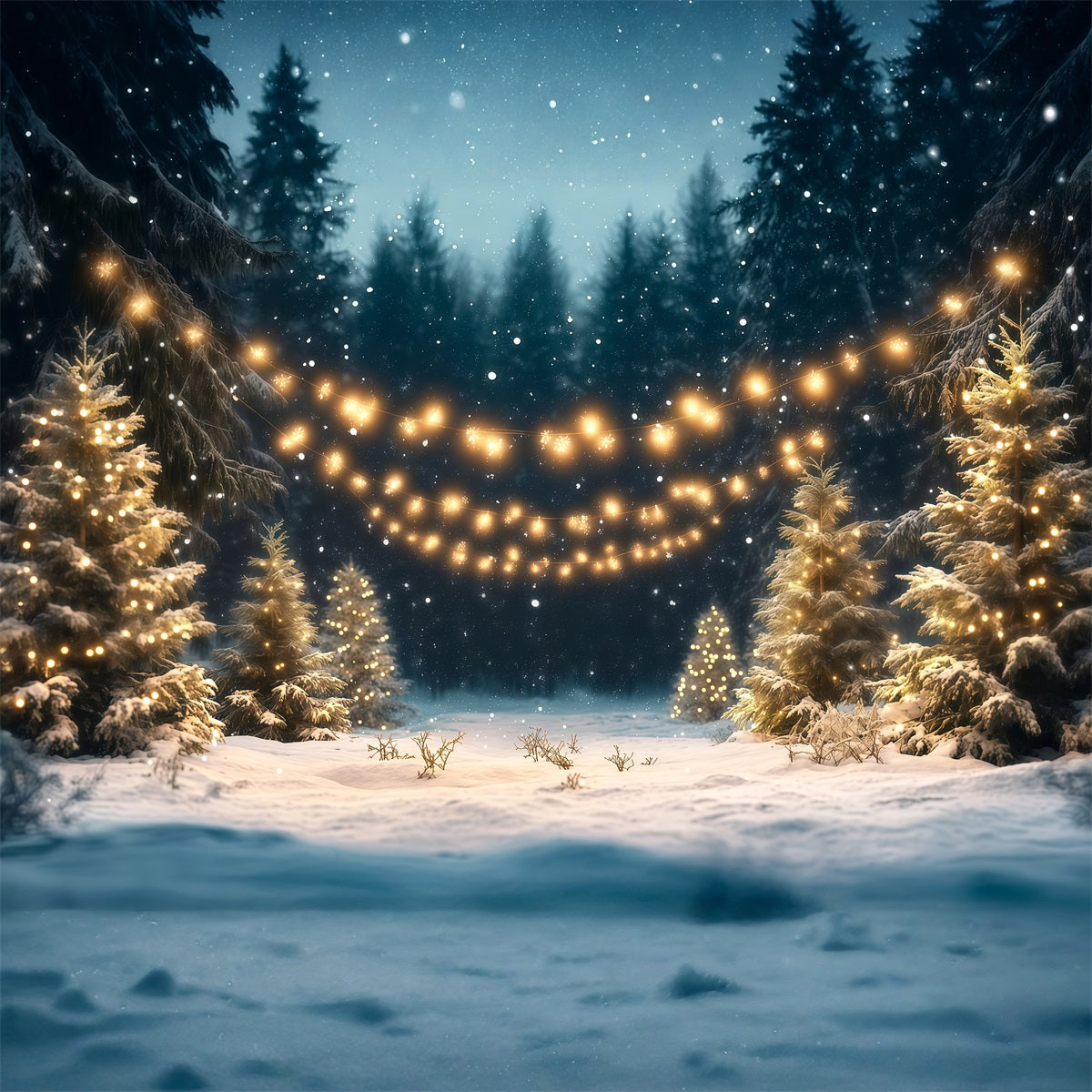 Christmas Tree Farm Backdrop Snowy Forest Golden Lights Christmas Tree