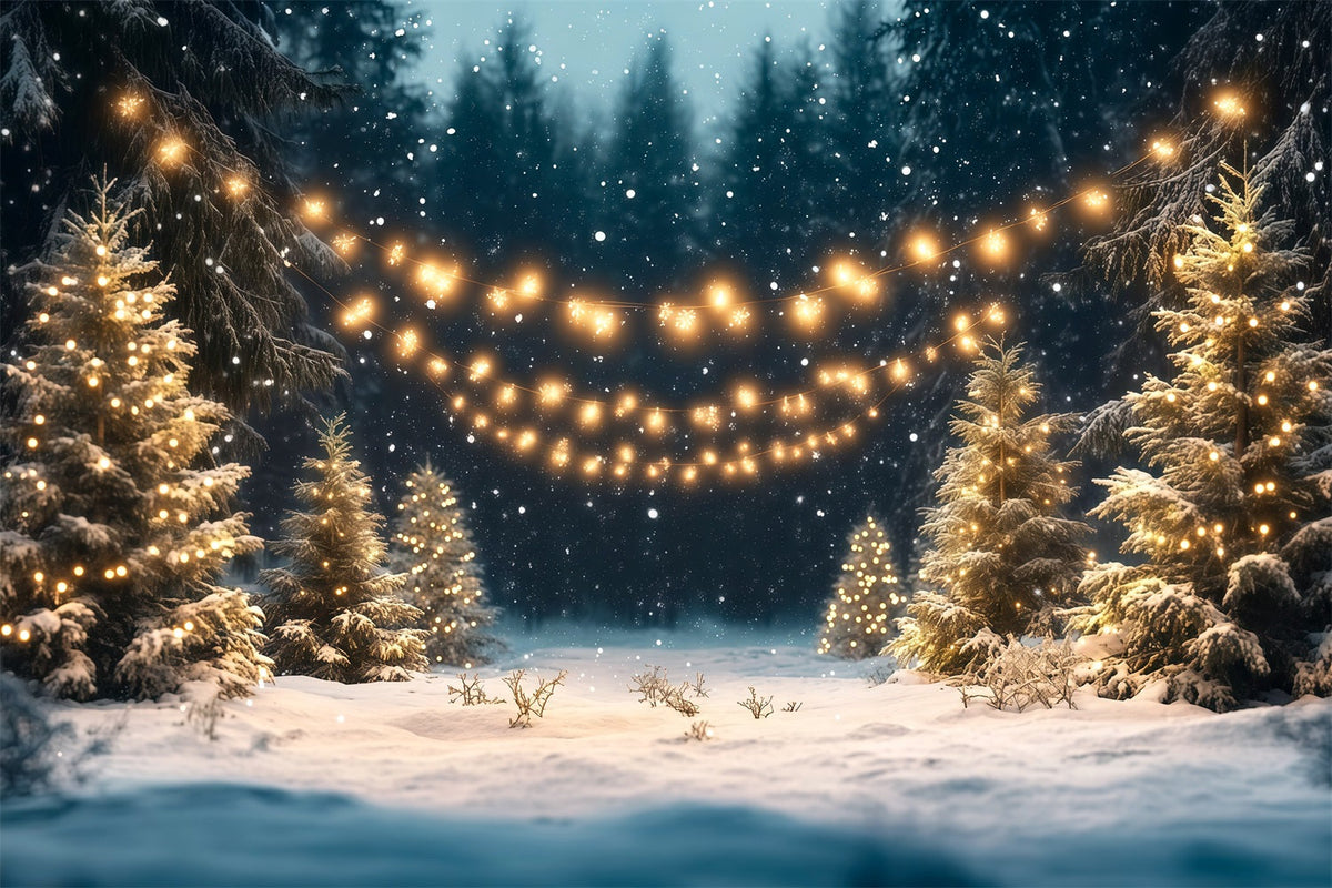 Christmas Tree Farm Backdrop Snowy Forest Golden Lights Christmas Tree
