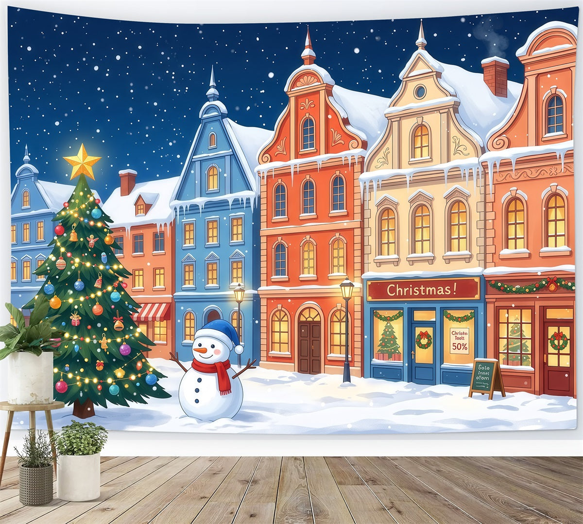 Christmas Town Backdrops Colorful Snowy Town Snowman Christmas Picture Backdrop UK RR610-97