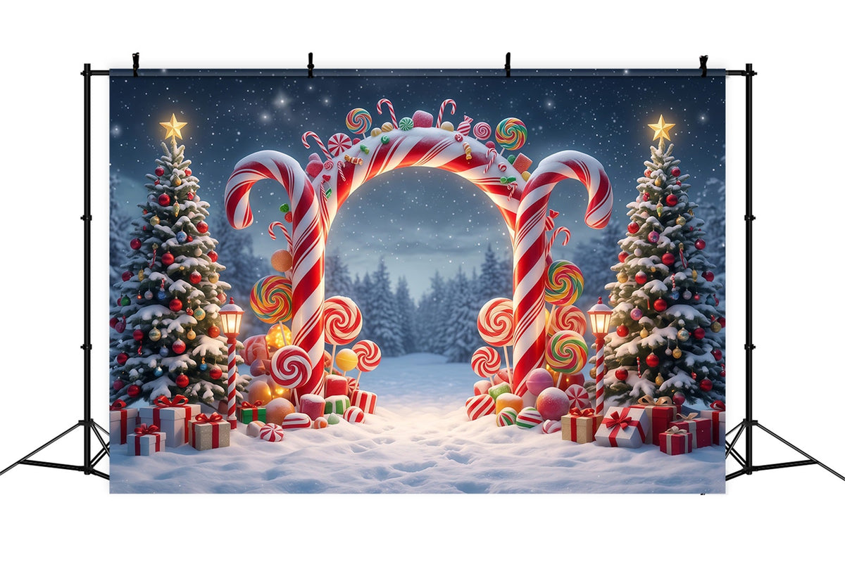 Christmas Candy Cane Backdrop Snowy Forest Lollipop Archway Christmas Party Backdrop UK RR610-98