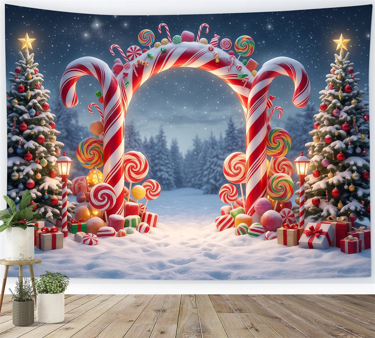 Christmas Candy Cane Backdrop Snowy Forest Lollipop Archway Christmas Party Backdrop UK RR610-98
