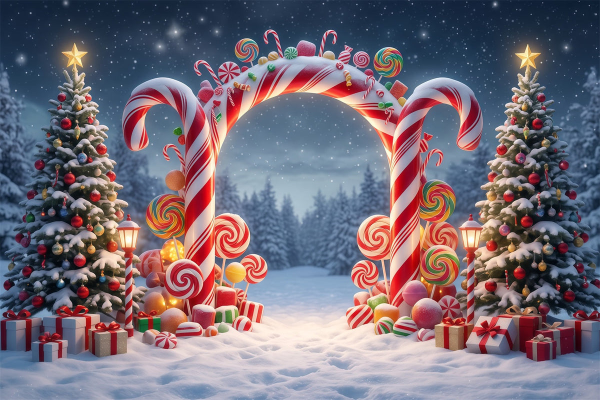 Christmas Candy Cane Backdrop Snowy Forest Lollipop Archway Christmas Party Backdrop UK RR610-98
