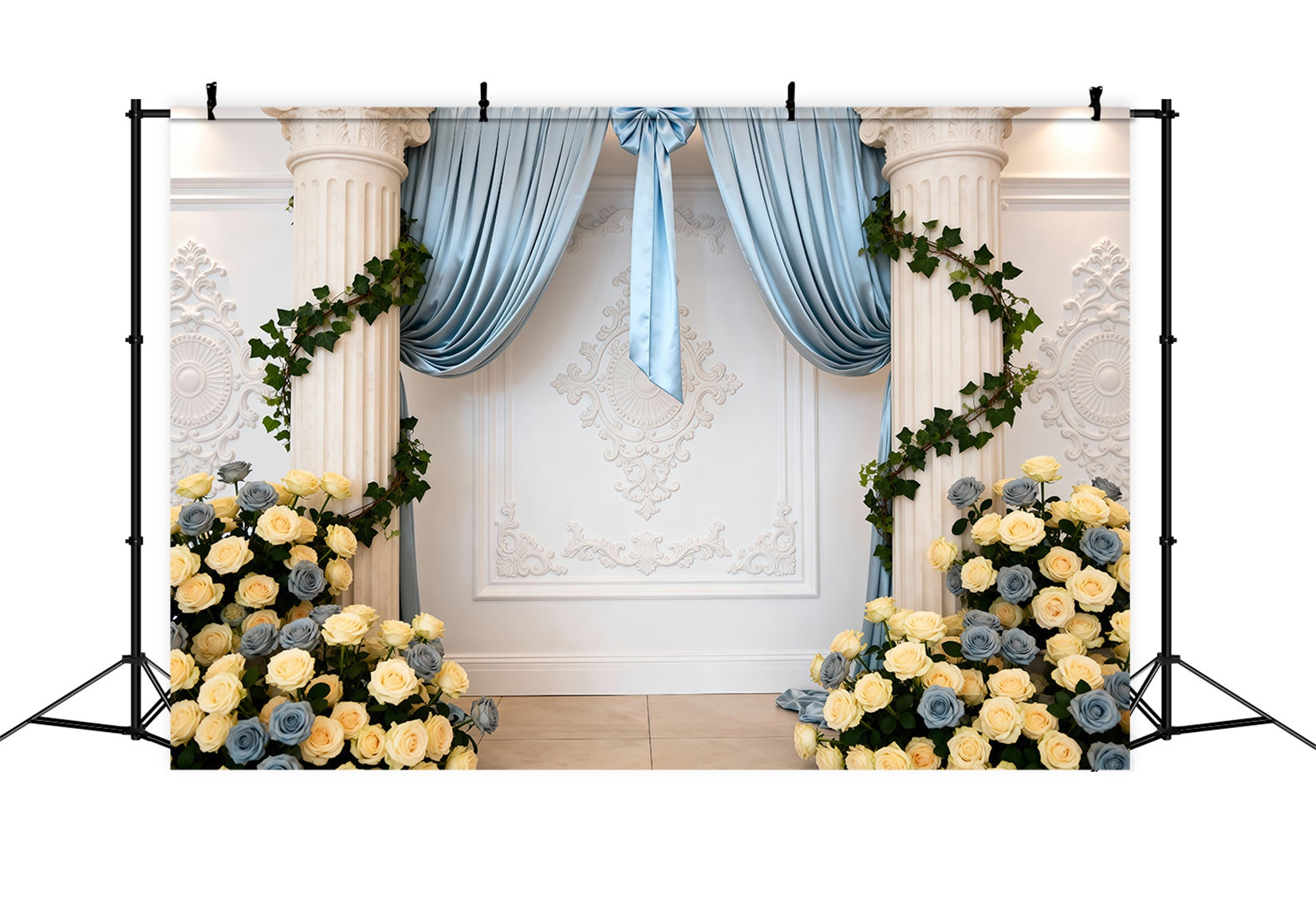 Spring Wedding Backdrop Blue Draped Rose Column Elegance Floral Backdrop UK RR62-10