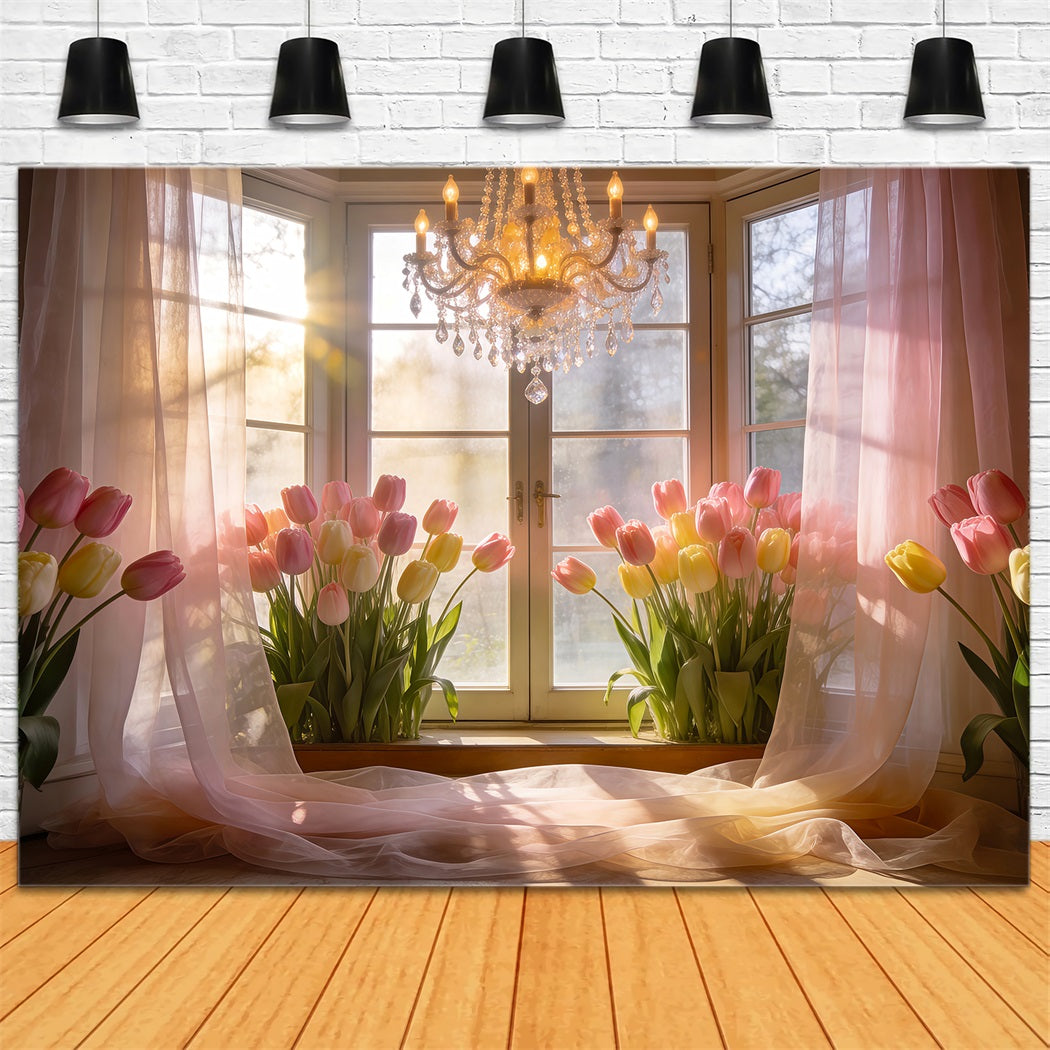Tulip Backdrop Golden Sunlit Window Chandelier Spring Backdrops For Photography UK RR62-16