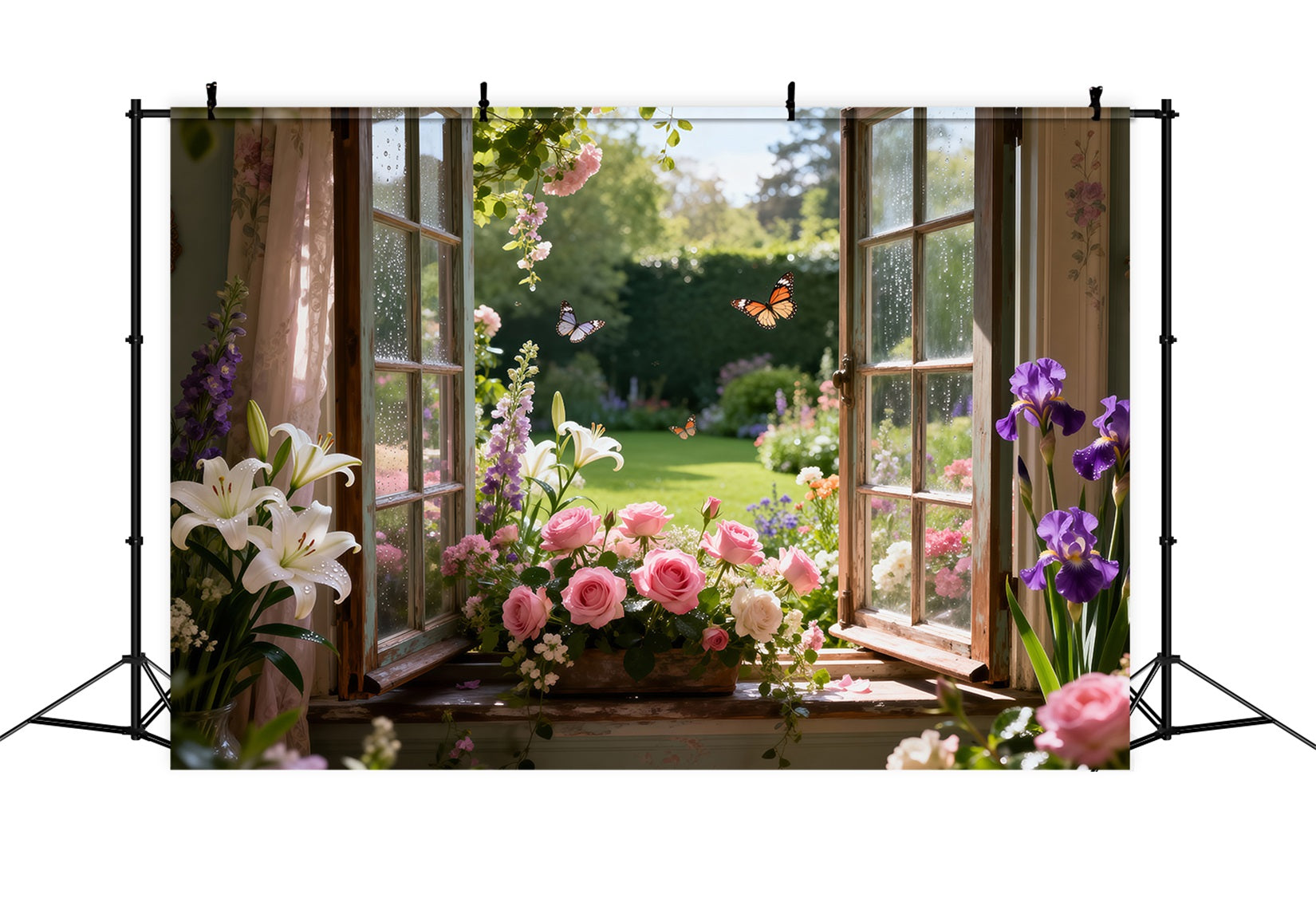 Butterfly Photo Backdrop Lily Rose Garden Window Bloom Springtime Backdrop UK RR62-17