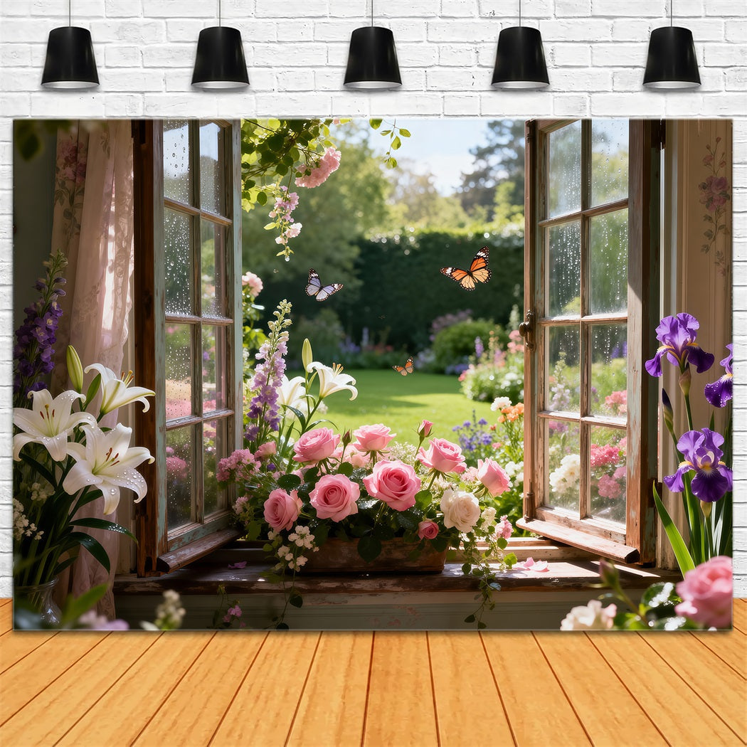 Butterfly Photo Backdrop Lily Rose Garden Window Bloom Springtime Backdrop UK RR62-17