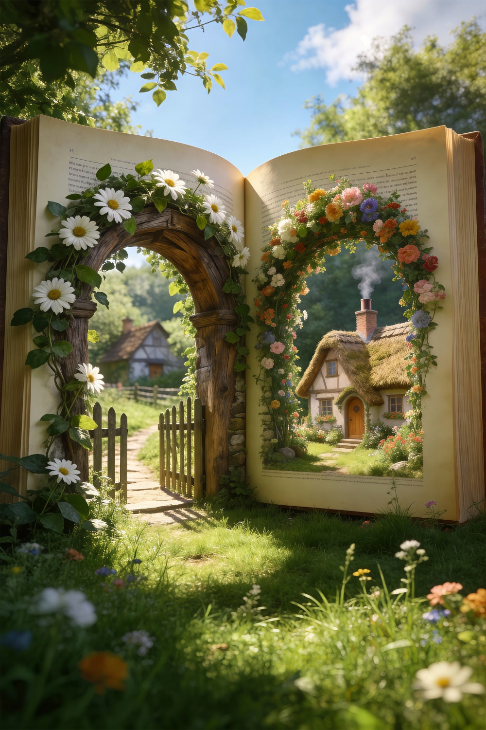Spring Barn Backdrop Storybook Garden Cottage Gateway Floral Backdrop Photography UK RR62-33