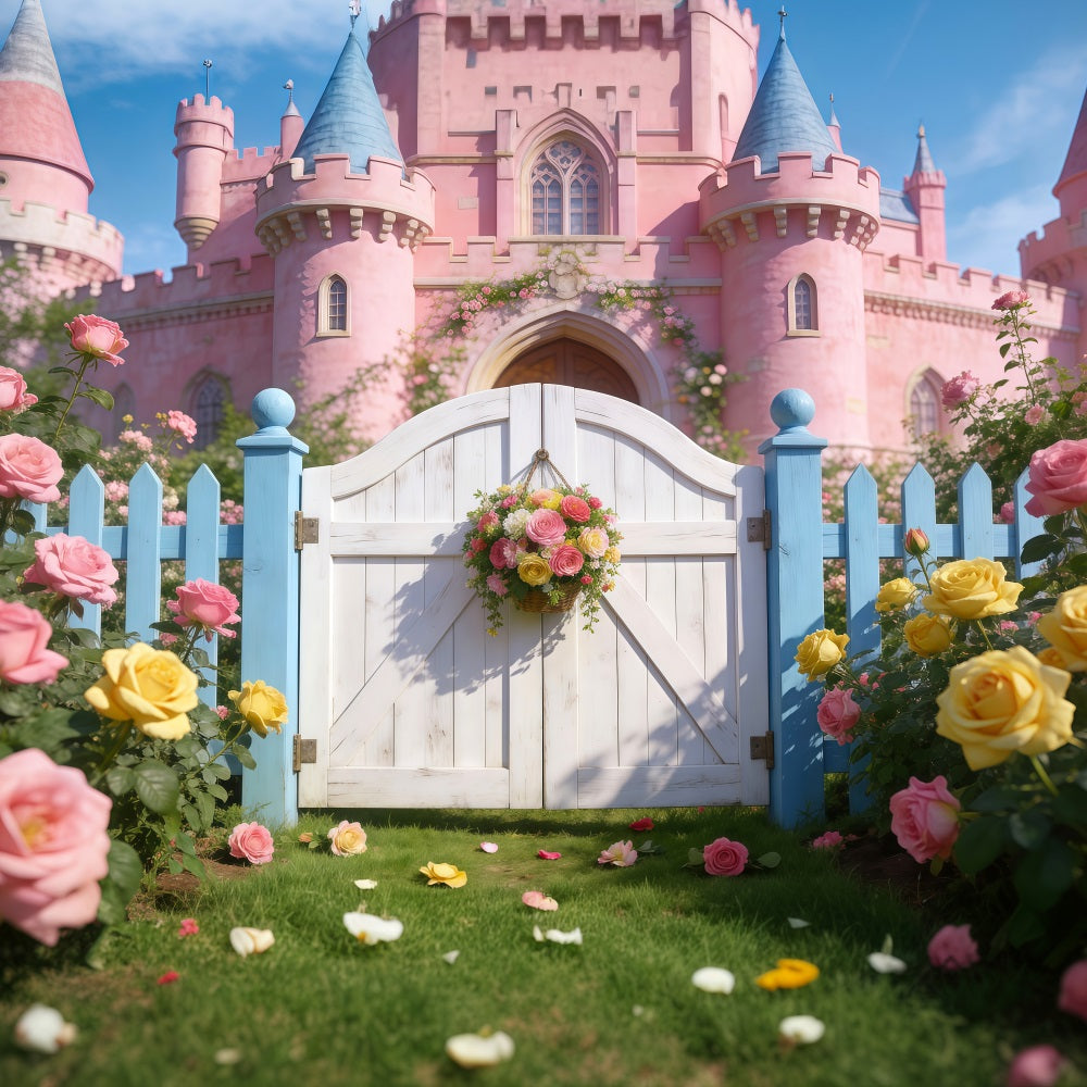 Enchanted Garden Backdrop Pink Castle Rose Floral Gate Spring Photo Backdrops UK RR62-35