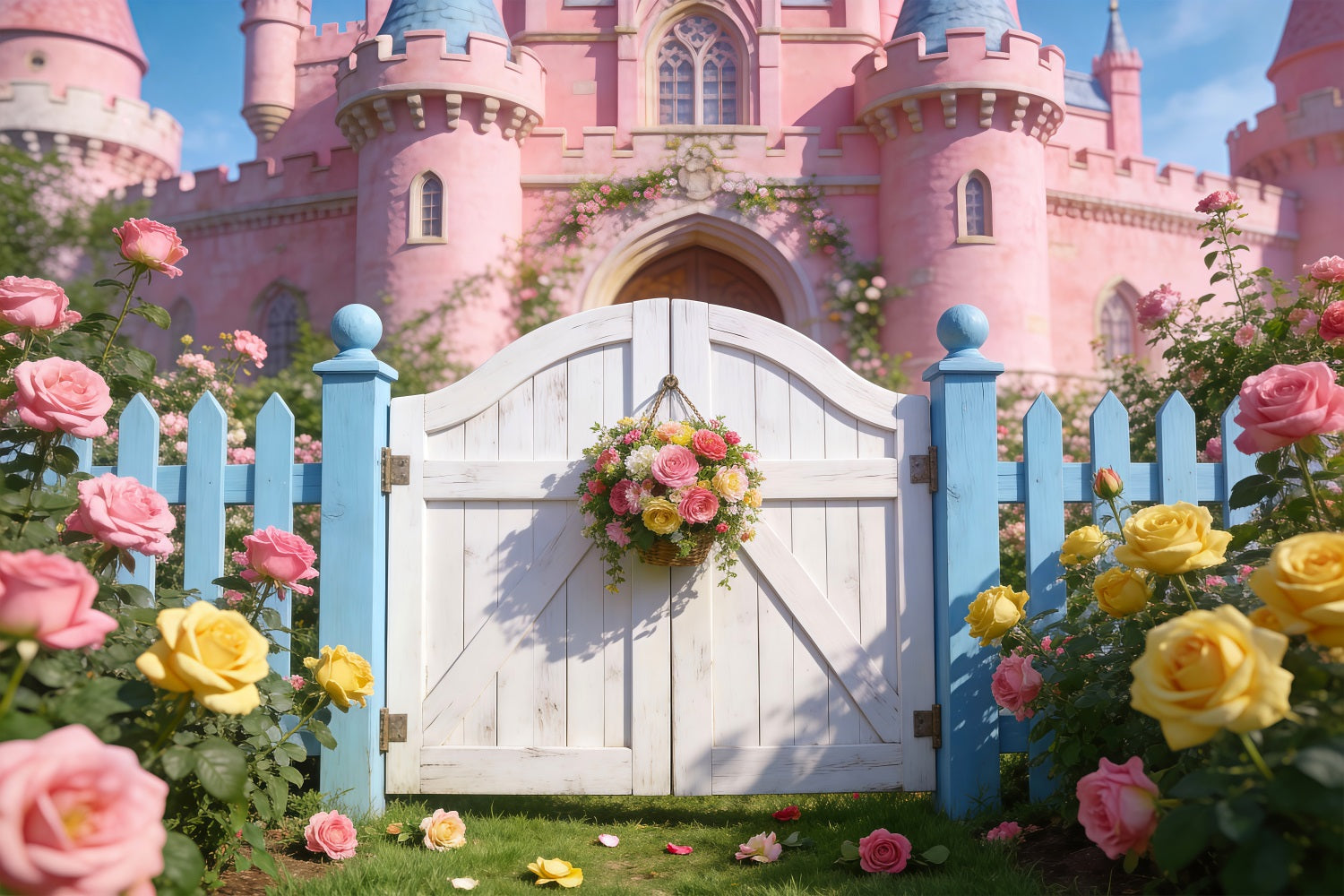 Enchanted Garden Backdrop Pink Castle Rose Floral Gate Spring Photo Backdrops UK RR62-35