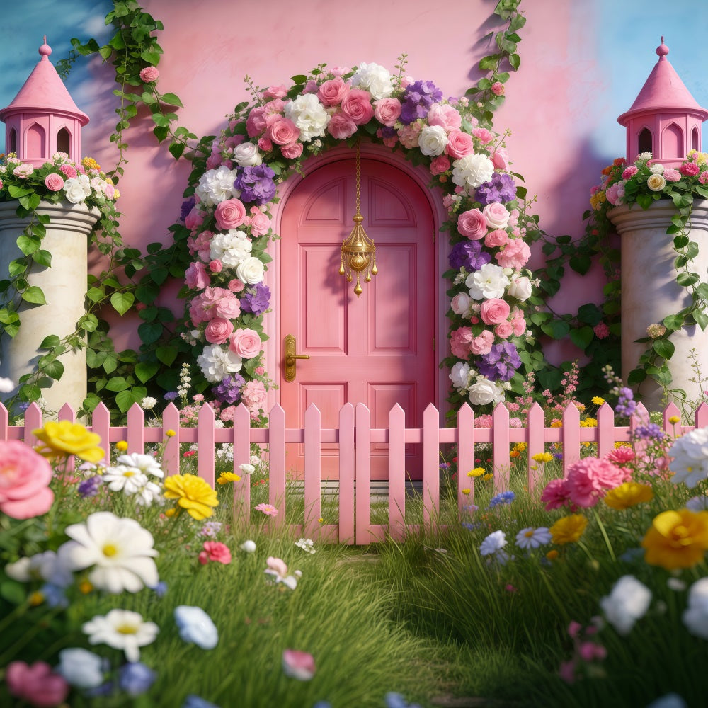 Spring Garden Backdrop Fairytale Pink Door Fence Floral Arch Backdrop UK RR62-38