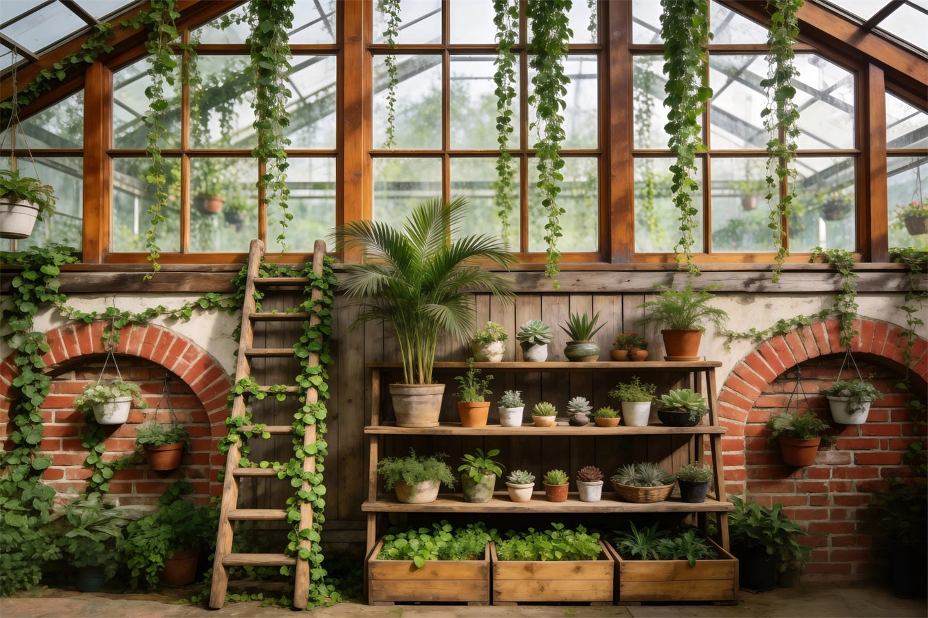 Spring Greenhouse Backdrop Rustic Botanical Shelves Photography Spring Backdrop UK RR62-40