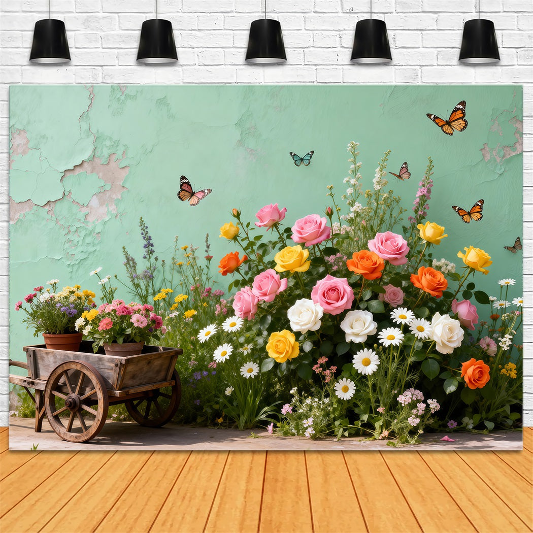Butterfly Backdrop Vintage Garden Cart Floral Spring Backdrop For Pictures UK RR62-46