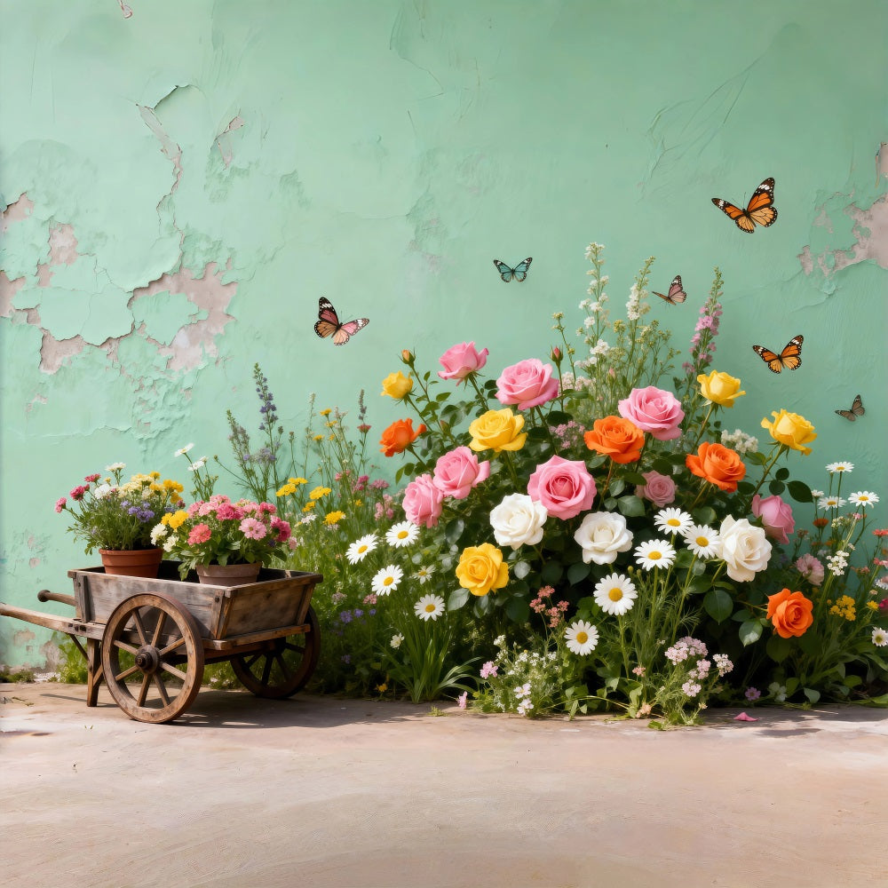 Butterfly Backdrop Vintage Garden Cart Floral Spring Backdrop For Pictures UK RR62-46