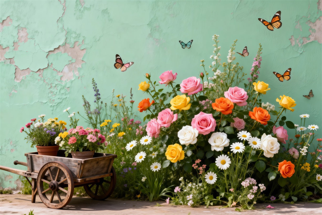 Butterfly Backdrop Vintage Garden Cart Floral Spring Backdrop For Pictures UK RR62-46