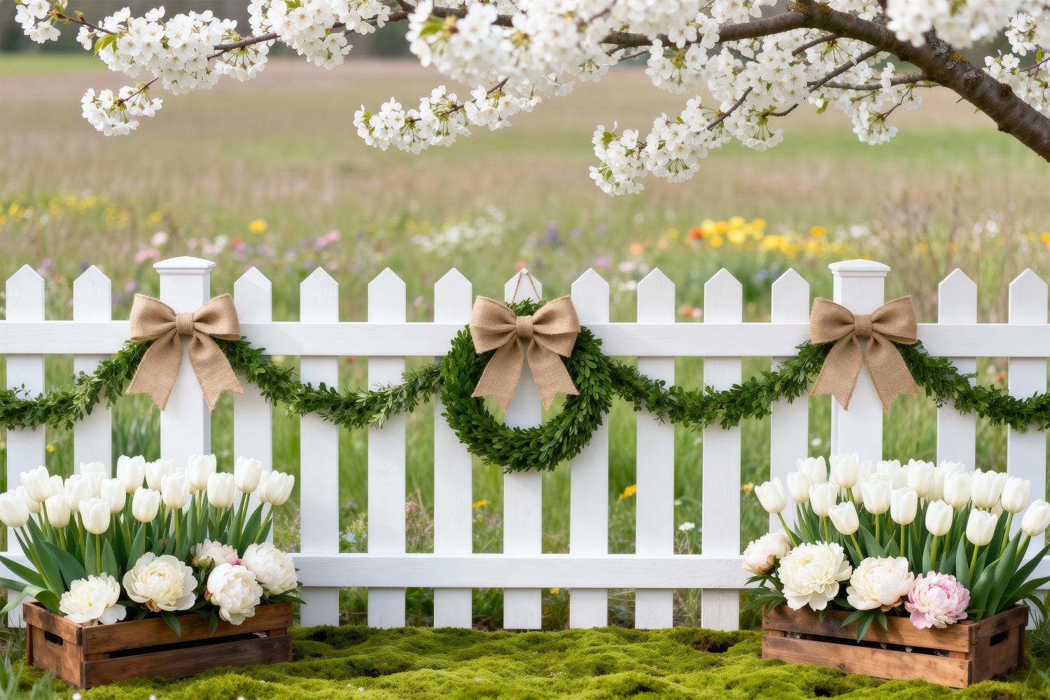 Cherry Blossoms Backdrop Wildflower Meadow Fence Tulip Spring Photo Backdrop Ideas UK RR62-47
