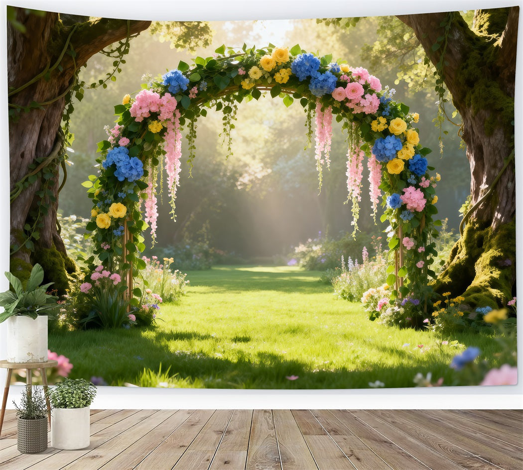 Spring Woodland Path Backdrop Sunlit Forest Floral Arch Springtime Backdrop UK RR62-48