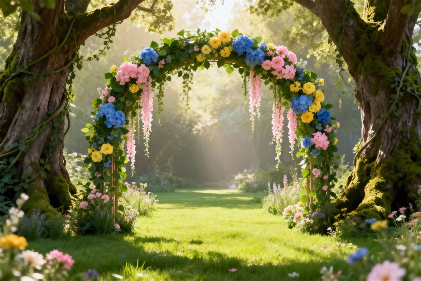 Spring Woodland Path Backdrop Sunlit Forest Floral Arch Springtime Backdrop UK RR62-48