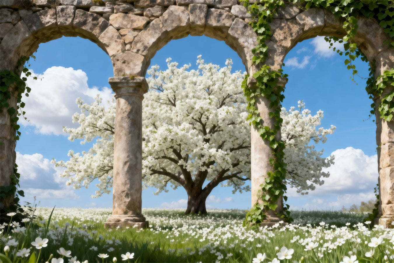 Cherry Blossom Tree Backdrop Stone Triple Arches Cloud Spring Theme Backdrop UK RR62-49