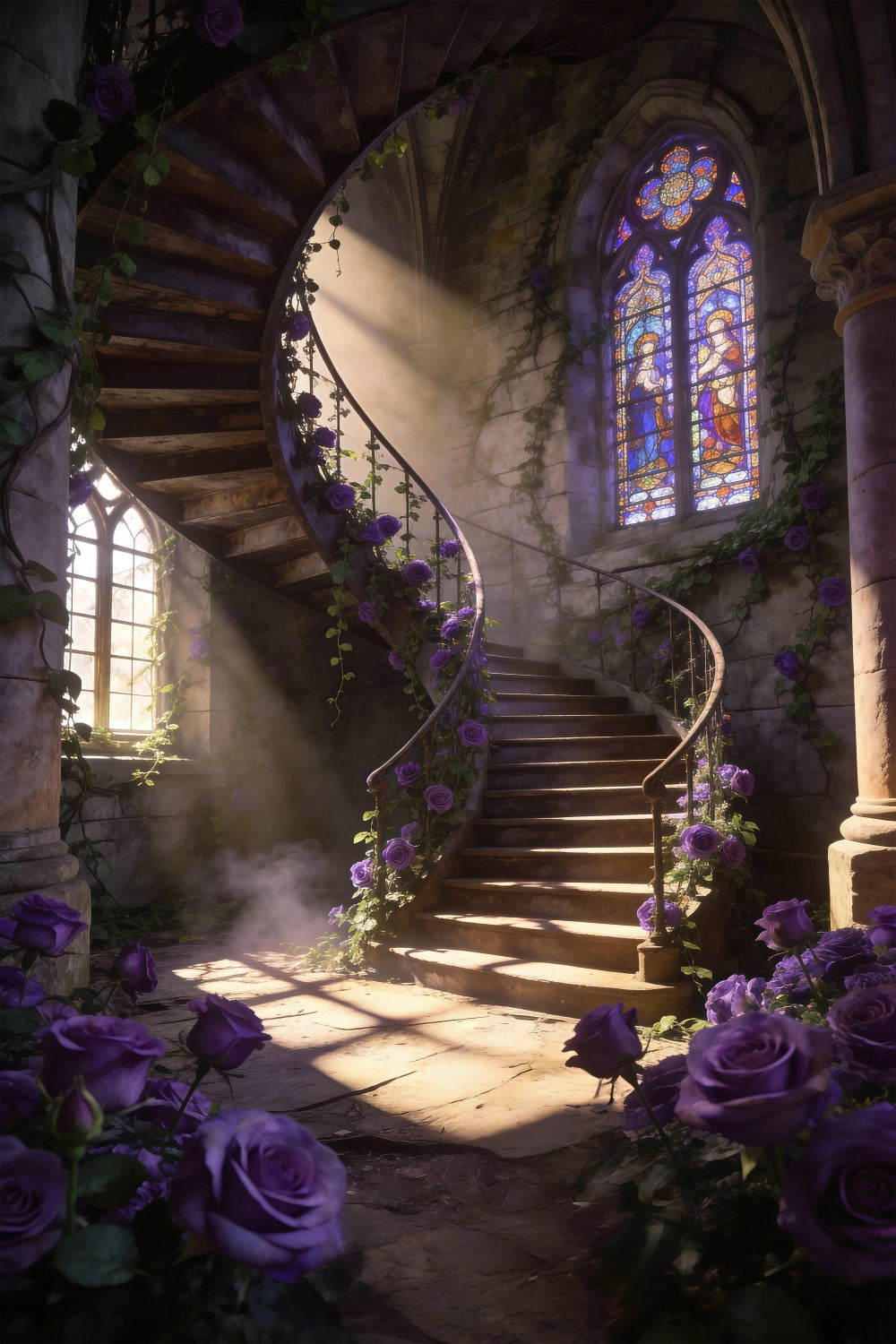 Spring Flowers Backdrop Purple Rose Spiral Staircase Floral Picture Backdrop UK RR62-50