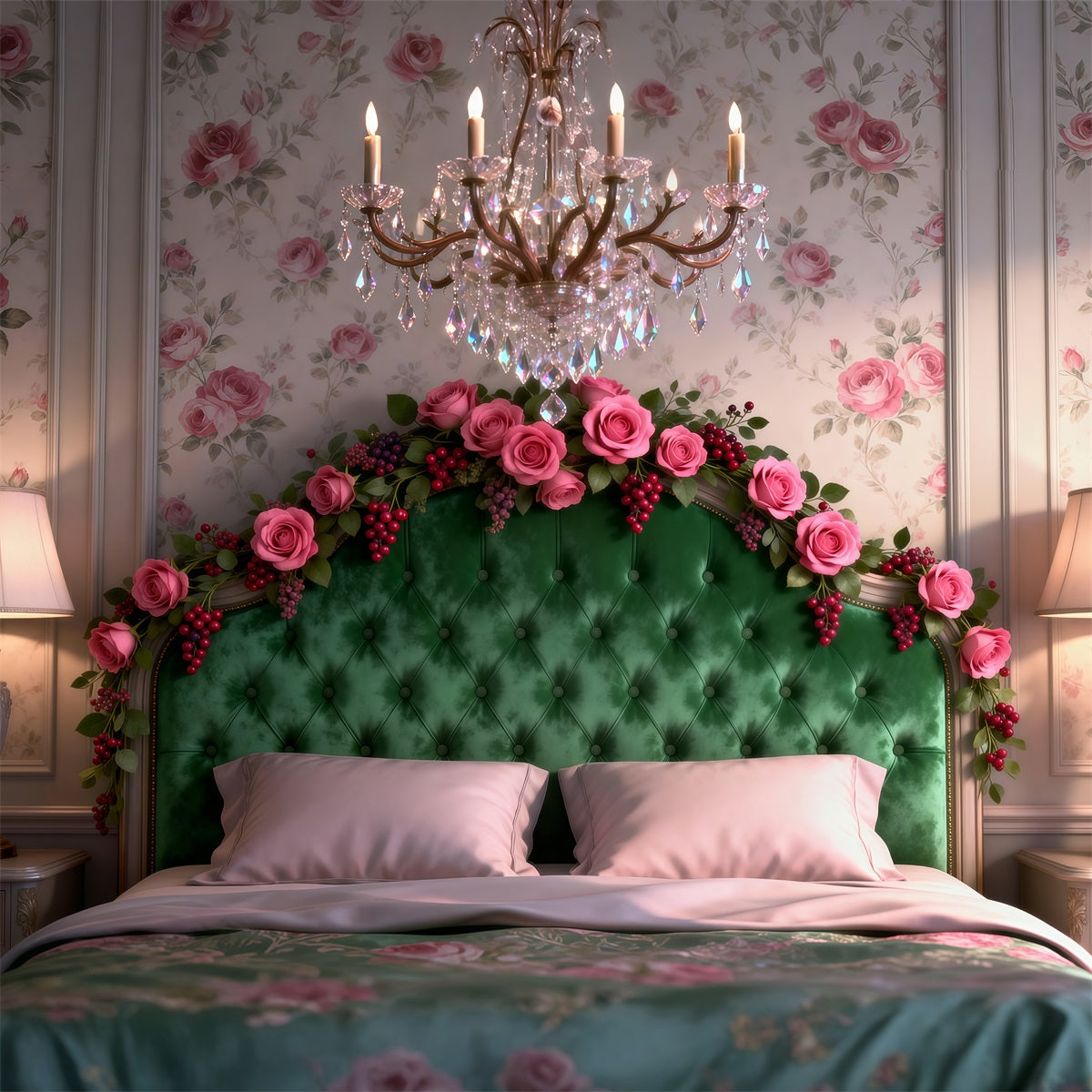 Boudoir Backdrop Emerald Rose Chandelier Elegance Headboard Photography Backdrop UK RR62-52