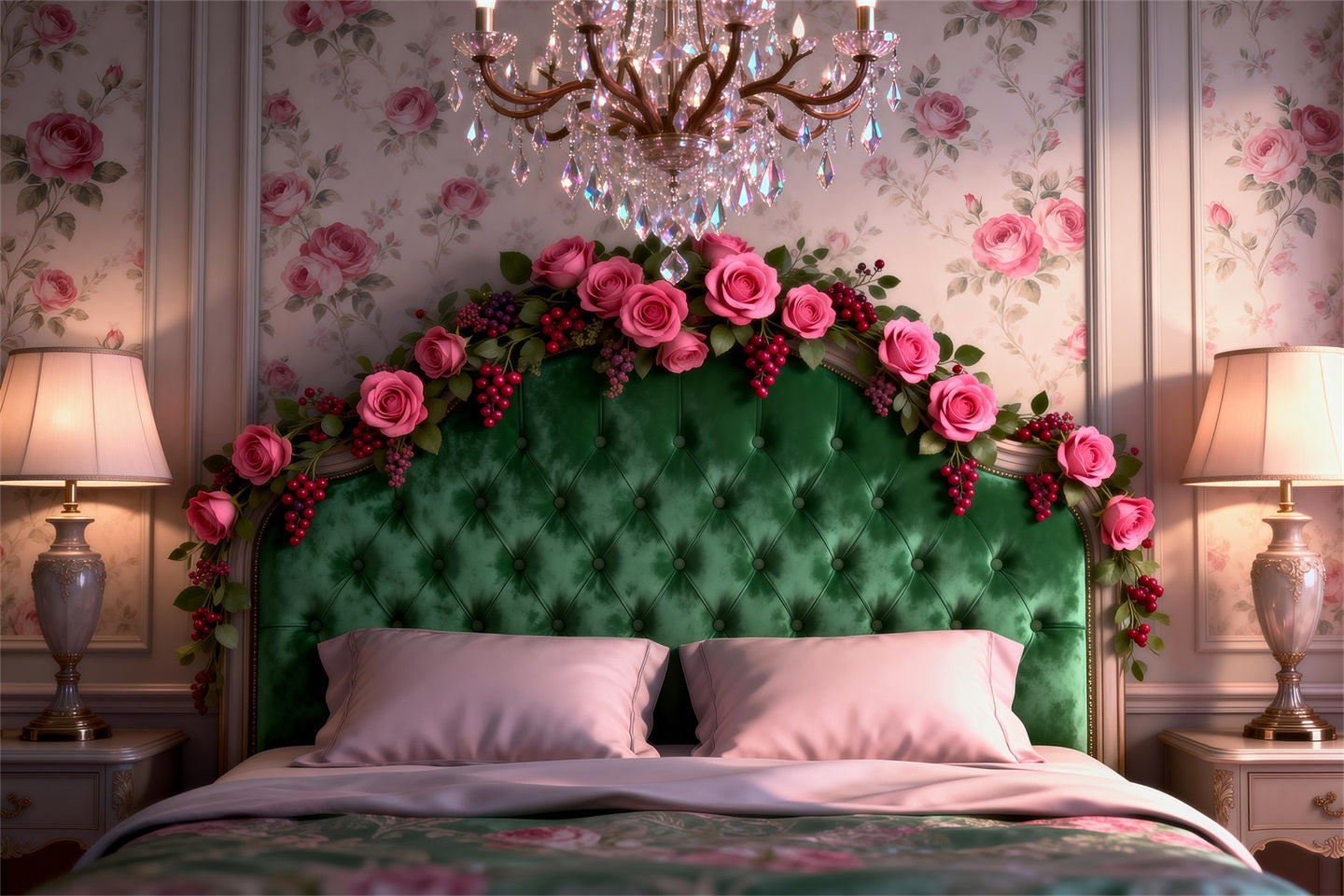 Boudoir Backdrop Emerald Rose Chandelier Elegance Headboard Photography Backdrop UK RR62-52