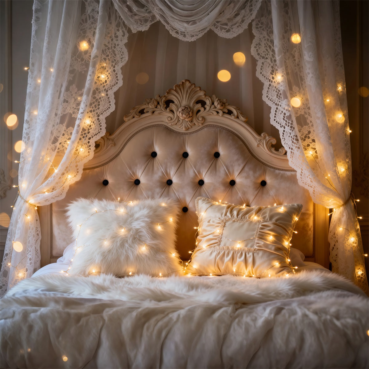 Boudoir Backdrop Ideas Ivory Lace Fairy Light Glow Tufted Headboard Backdrop UK RR62-54