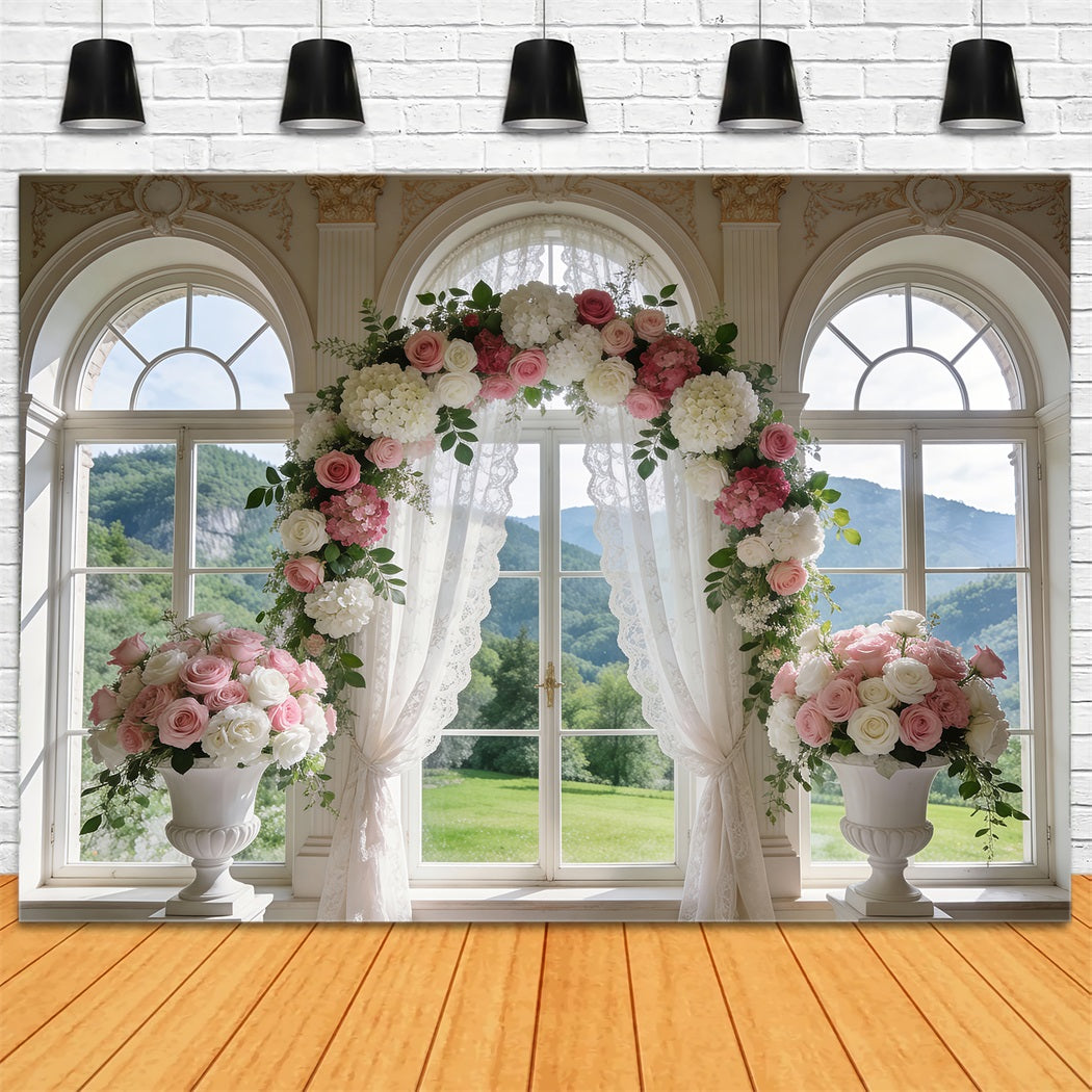 Spring Wedding Backdrop Classic Window Rose Arch Drapes Floral Photo Backdrop UK RR62-6