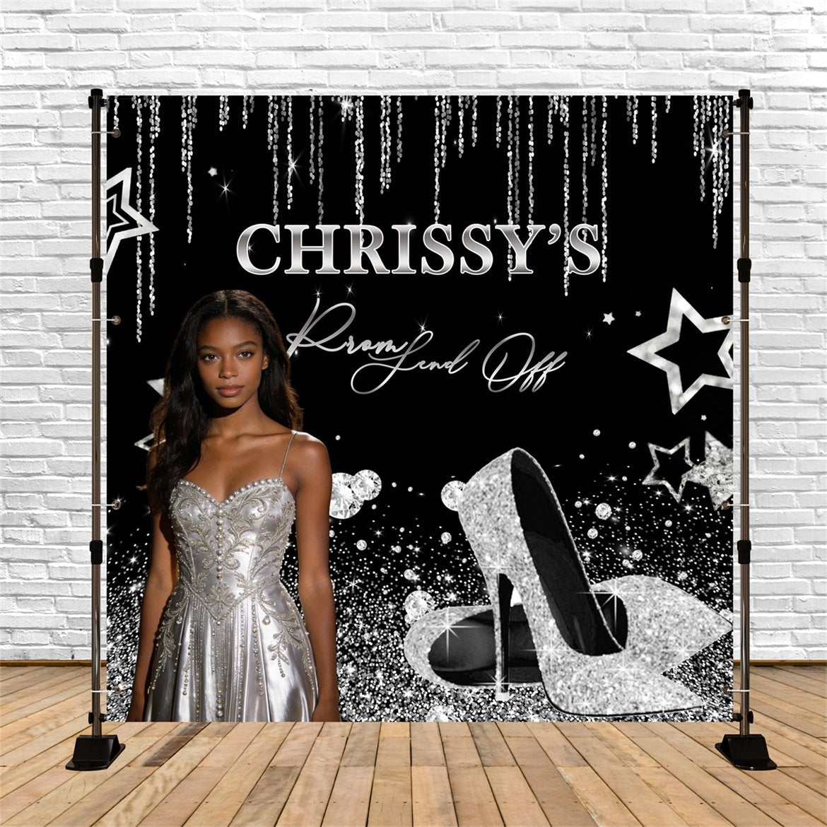 Prom Send Off Backdrops Black Silver Glitter Graduation Party Backdrop UK RR63-1