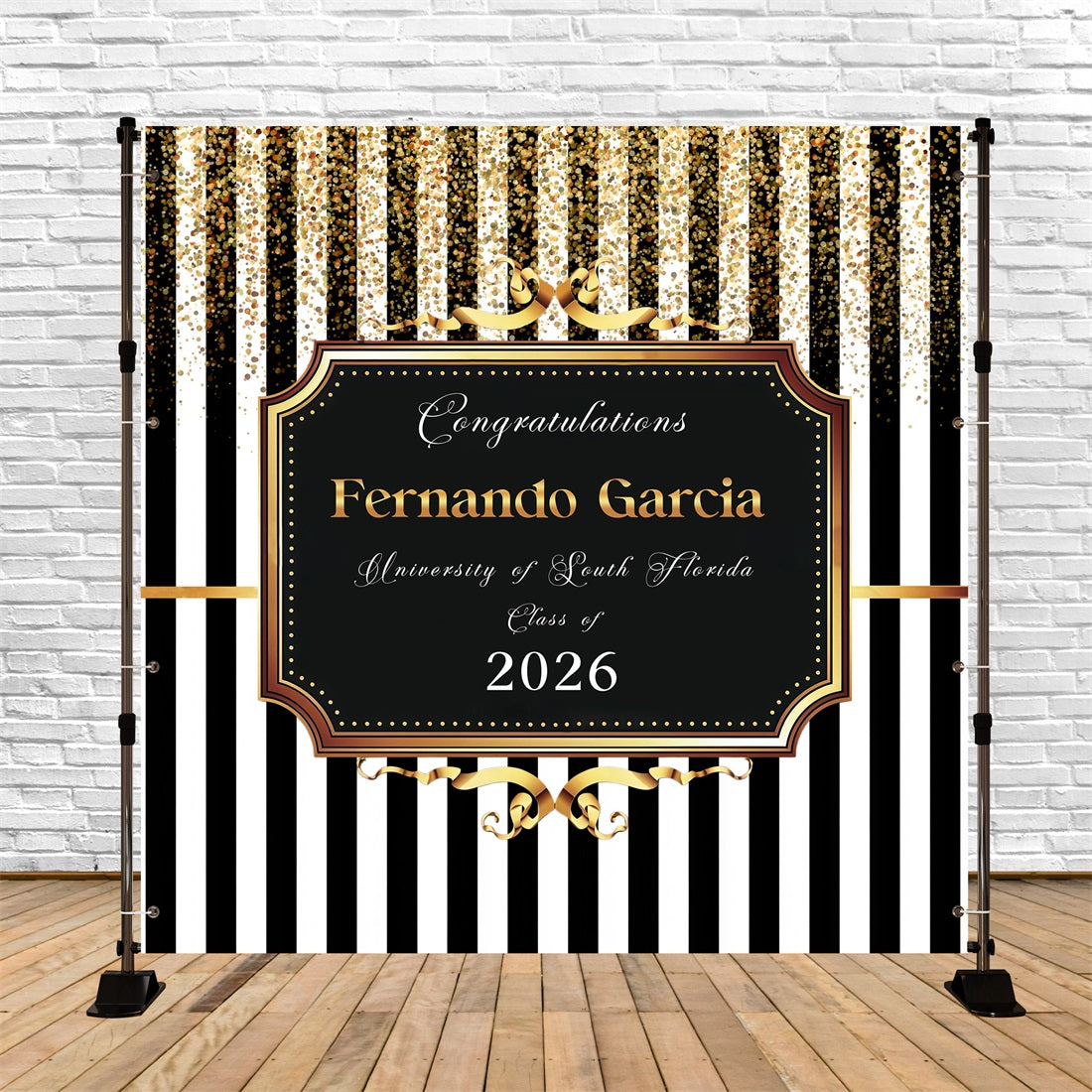 Graduation Backdrop Banner Black Stripe Gold Glitter Personalized Graduation Backdrop UK RR63-11