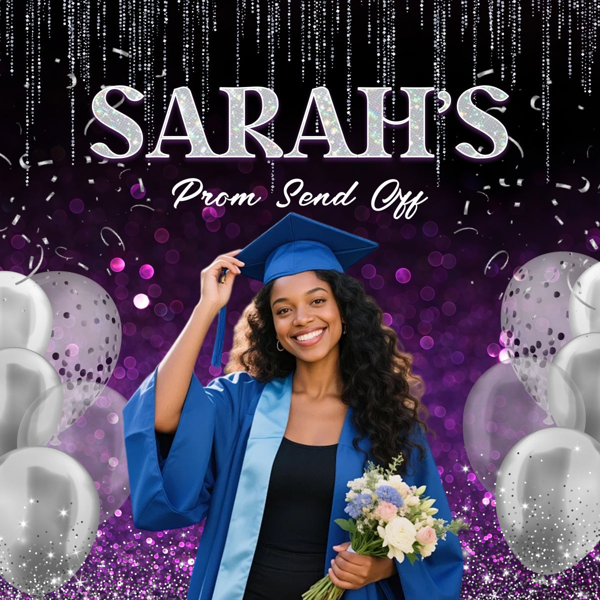 Prom Send Off Backdrops Purple Glitter Silver Balloon Custom Graduation Party Backdrop UK RR63-12