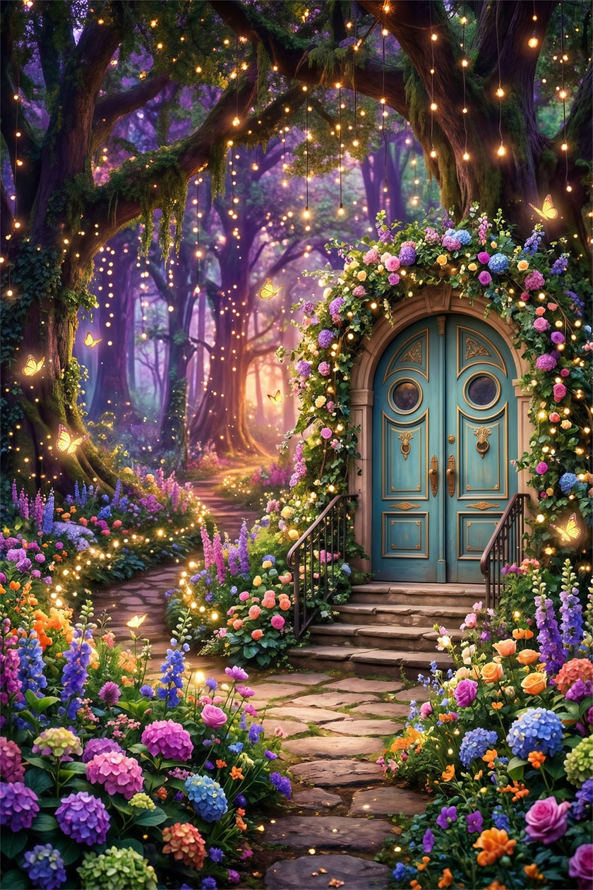 Forest Photo Backdrop Fantasy Floral Door Glowing Butterfly Garden Twilight Forest Backdrop UK RR63-124