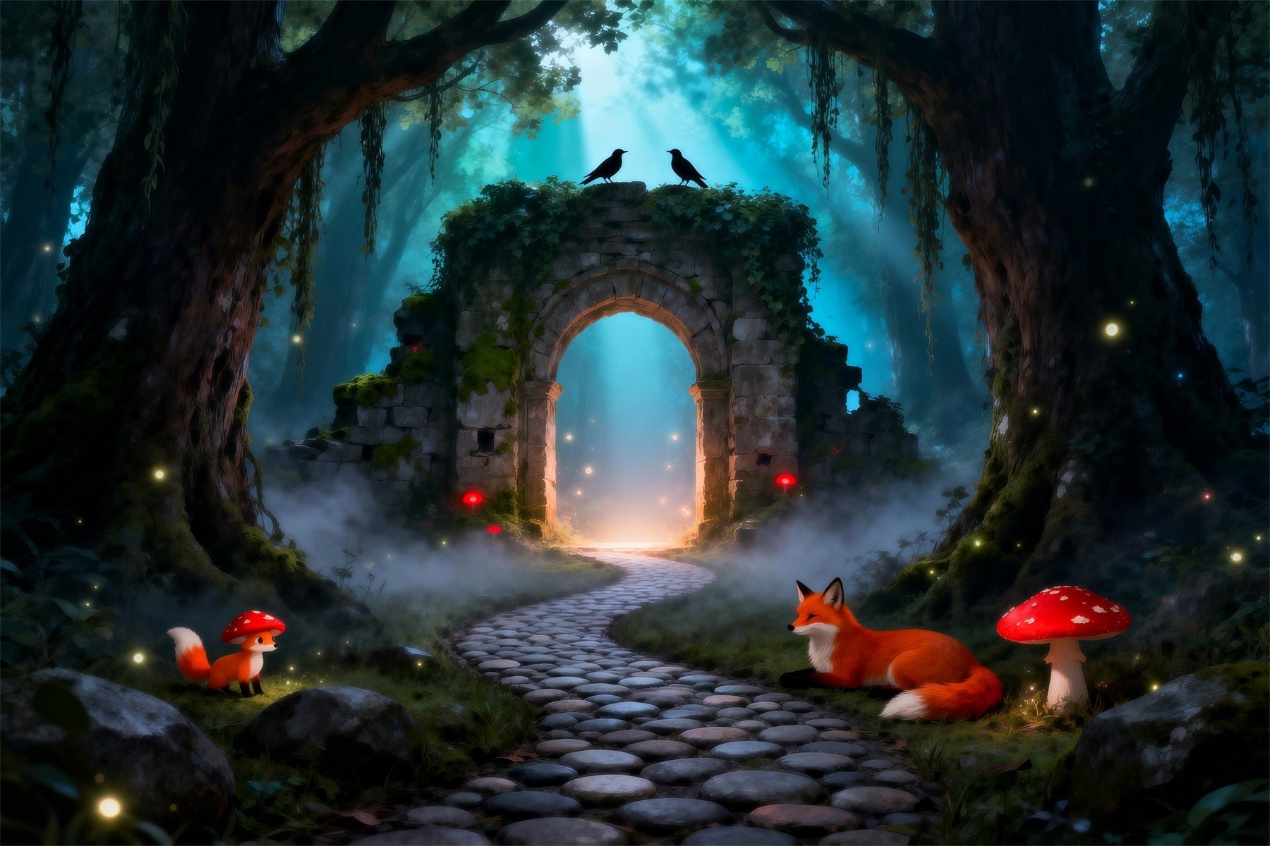 Spooky Forest Backdrop Mystic Ruins Archway Fox Mushroom Path Forest Backdrop Ideas UK RR63-125