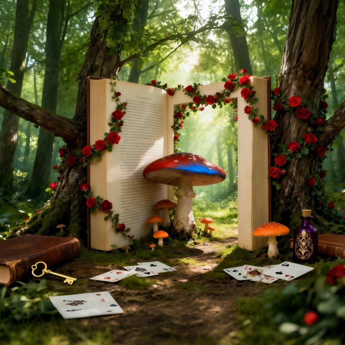 Fairy Tale Forest Backdrop Fantasy Storybook Portal Mushroom Roses Forest Photo Backdrop UK RR63-126