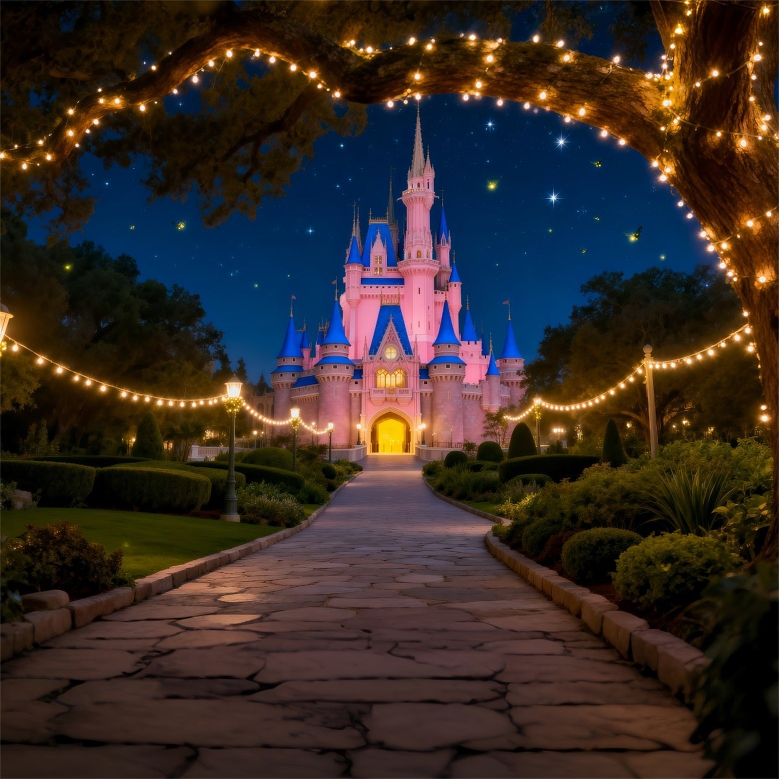 Backdrop Forest Fairytale Castle Night Light Path Forest Backdrops For Photography UK RR63-132