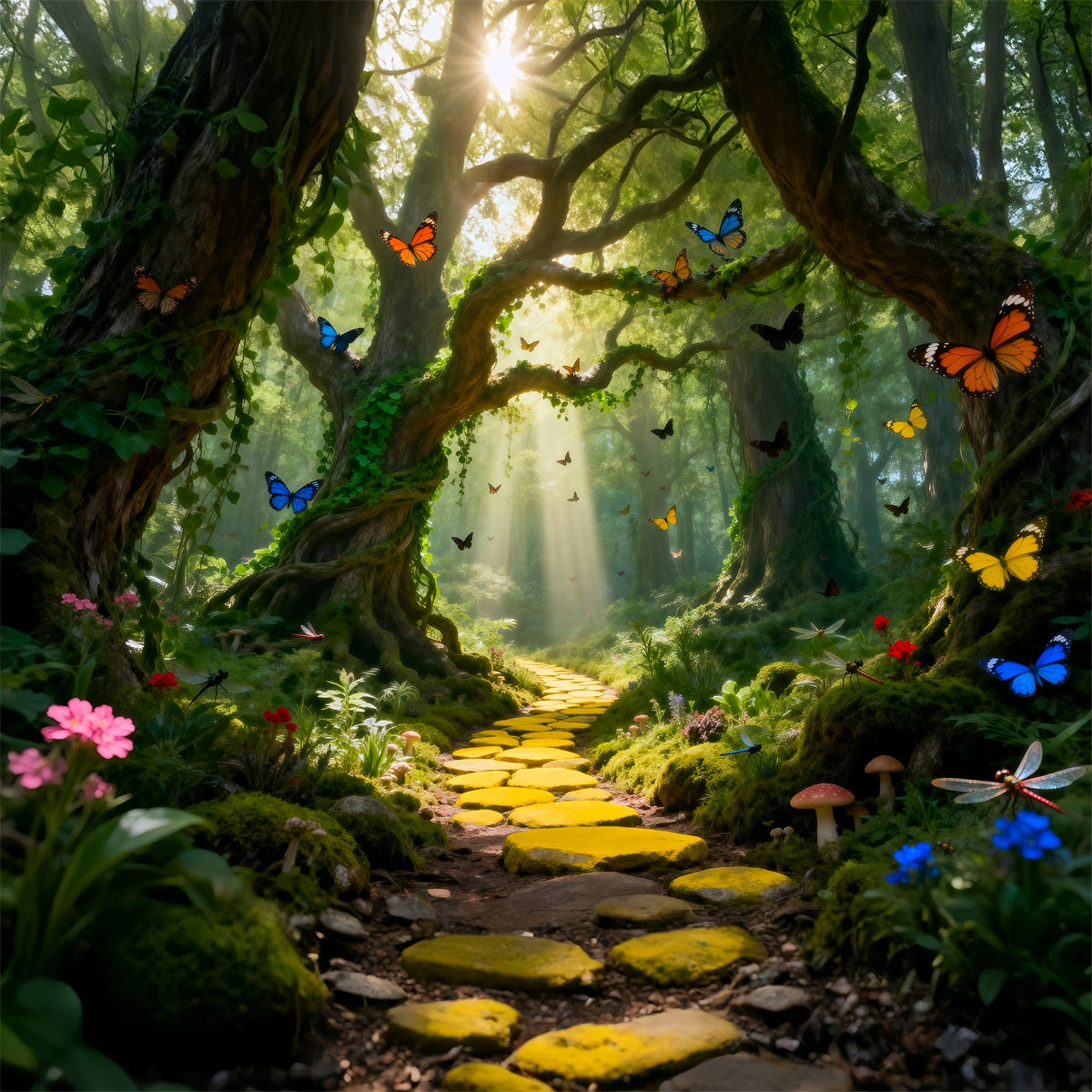 Forest Green Backdrop Golden Path Sunlight Butterfly Photography Backdrops Forest UK RR63-133
