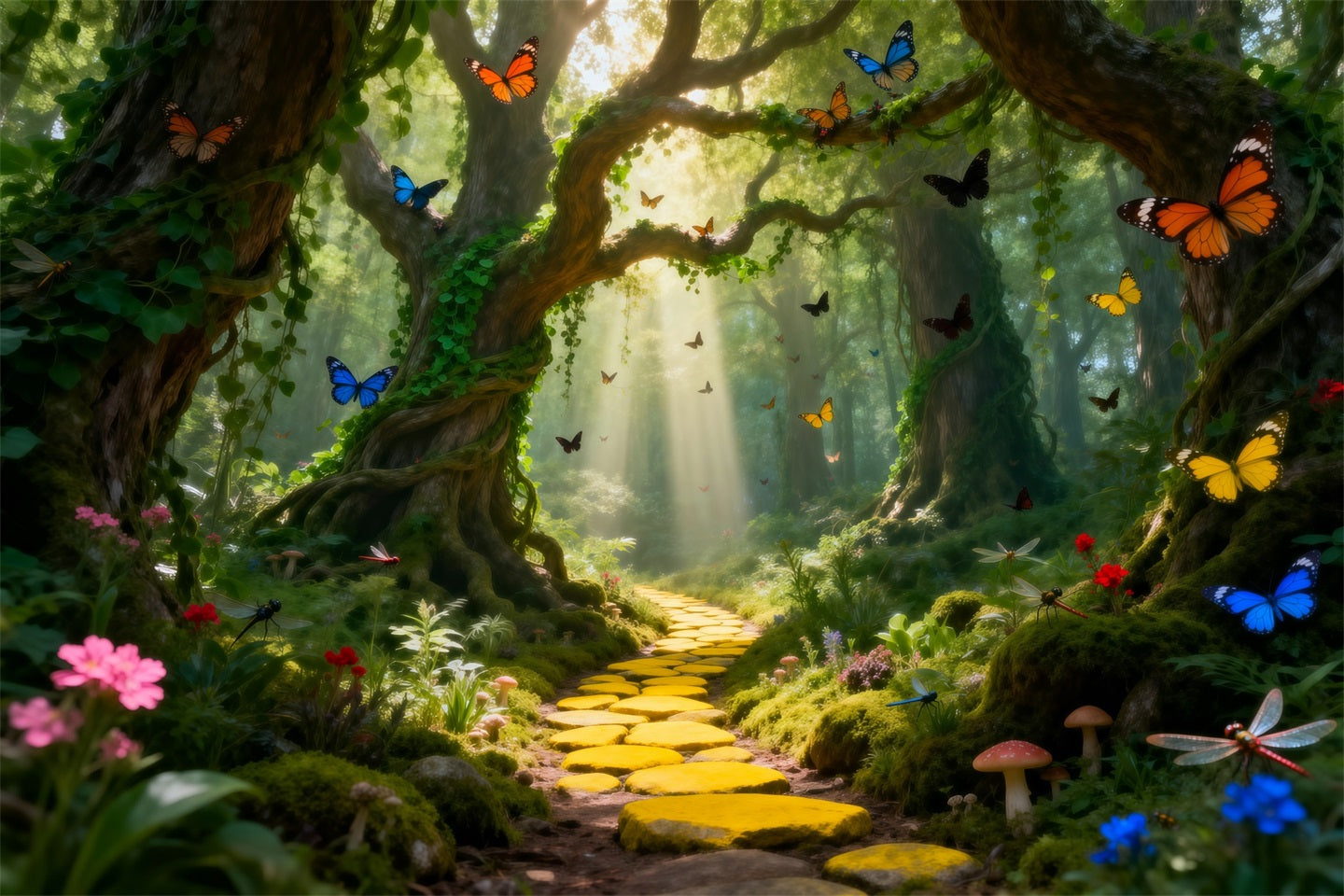 Forest Green Backdrop Golden Path Sunlight Butterfly Photography Backdrops Forest UK RR63-133
