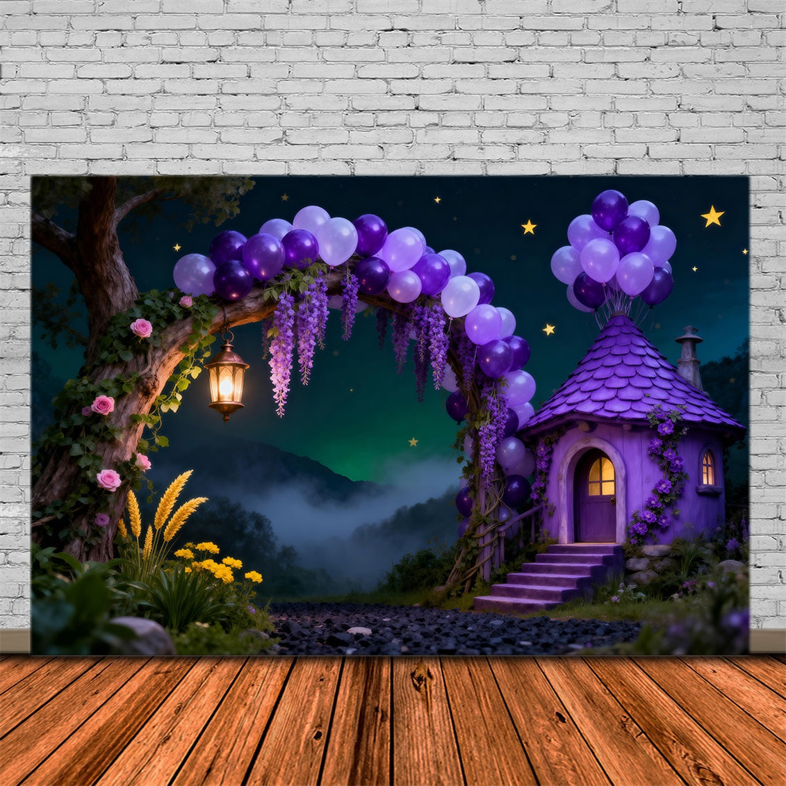 Enchanted Forest Balloon Backdrop Purple Cottage Arch Starry Night Forest Backdrop UK RR63-134