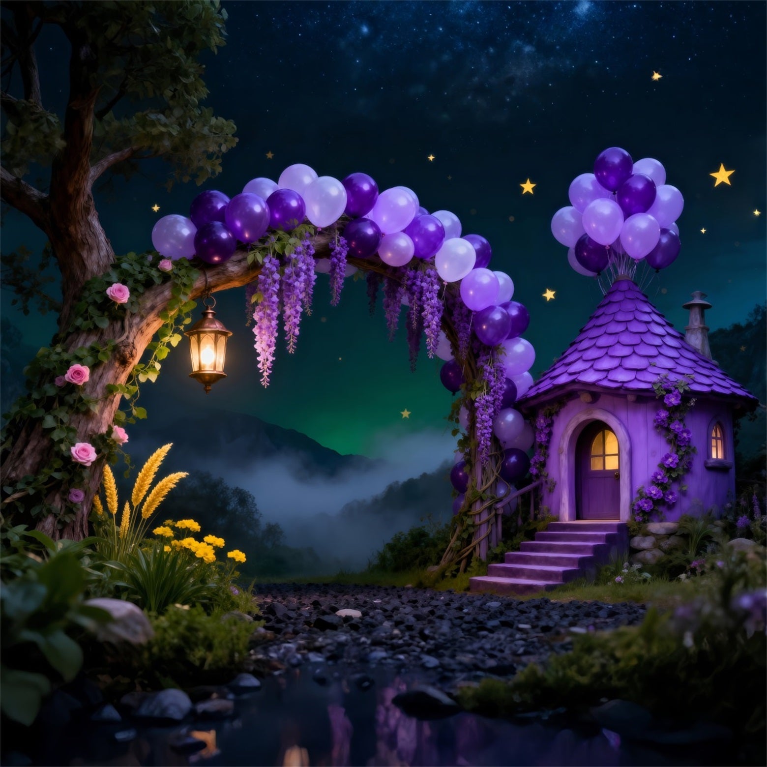 Enchanted Forest Balloon Backdrop Purple Cottage Arch Starry Night Forest Backdrop UK RR63-134
