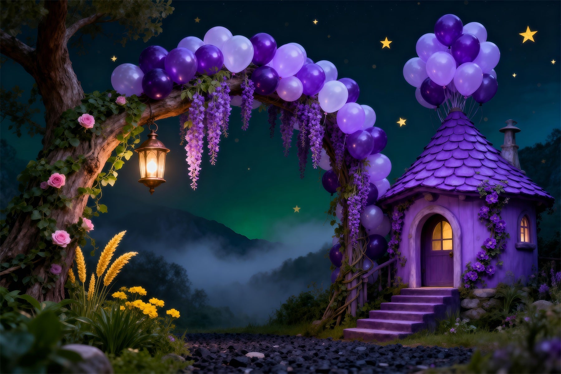 Enchanted Forest Balloon Backdrop Purple Cottage Arch Starry Night Forest Backdrop UK RR63-134