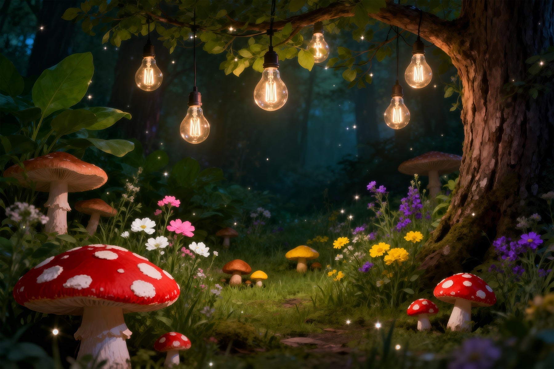 Forest Photography Backdrop Glowing Bulb Mushroom Fairy Photography Backdrop Forest UK RR63-136