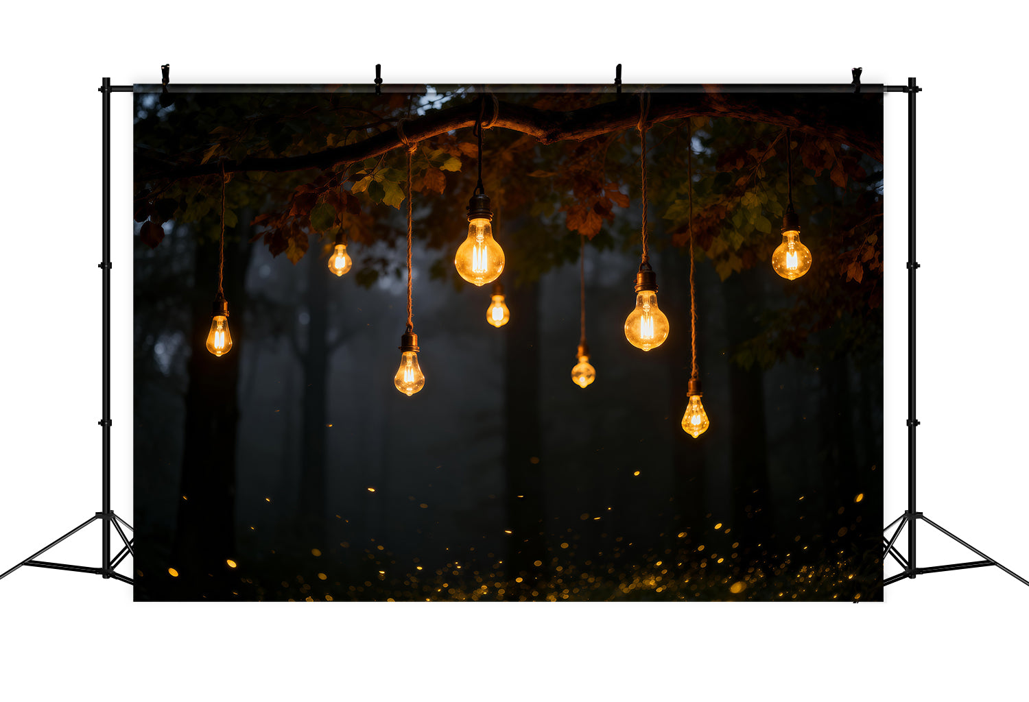 Photo Backdrop Forest Warm Hanging Bulbs Autumn Night Forest Photo Booth Backdrop UK RR63-137