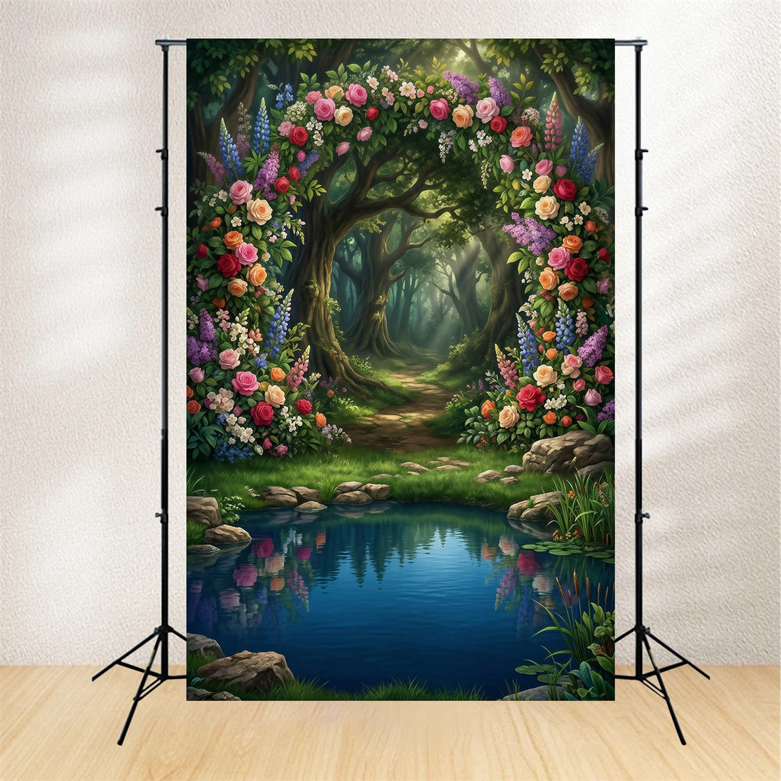 Forest Scene Backdrop Floral Arch Lake Reflection Woodland Path Fantasy Forest Backdrop UK RR63-138