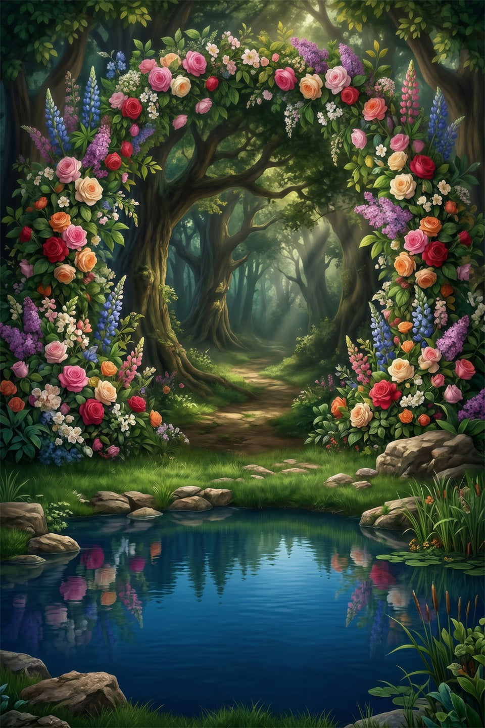 Forest Scene Backdrop Floral Arch Lake Reflection Woodland Path Fantasy Forest Backdrop UK RR63-138