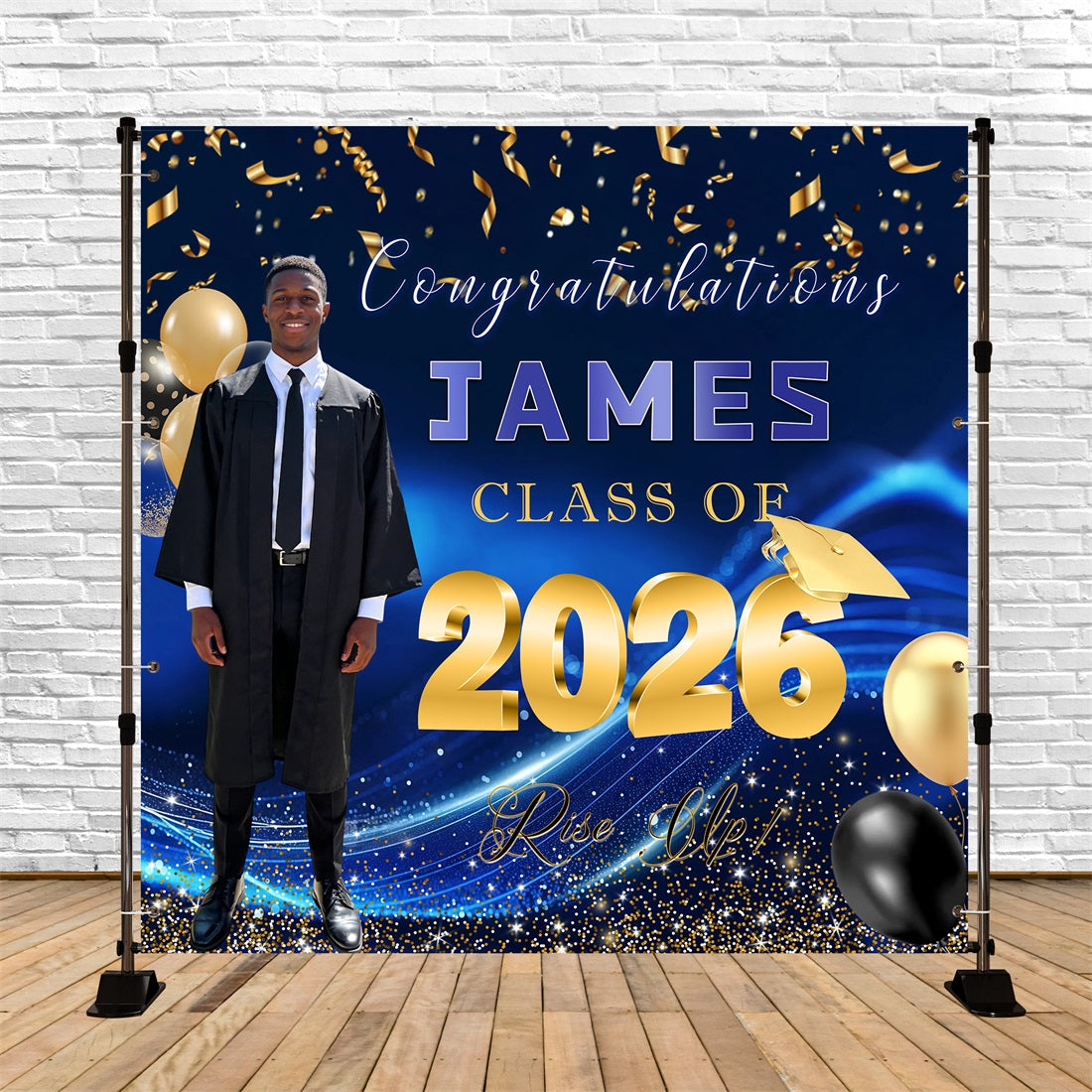 Class Of 2026 Graduation Backdrop Blue Gold Confetti Balloon Custom Graduation Backdrop UK RR63-14