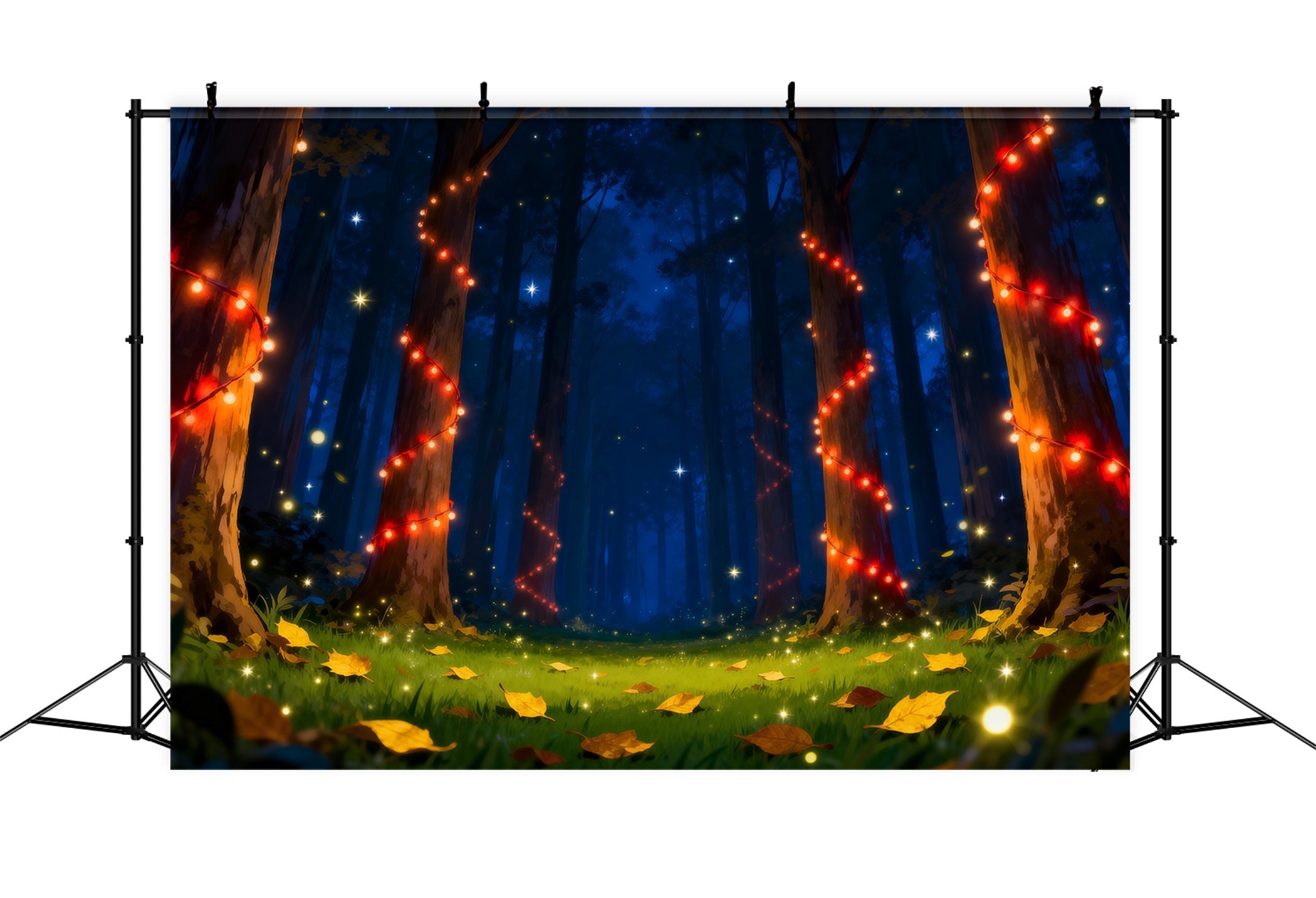 Backdrop Enchanted Forest Red String Lights Night Glowing Trees Night Forest Backdrop UK RR63-141